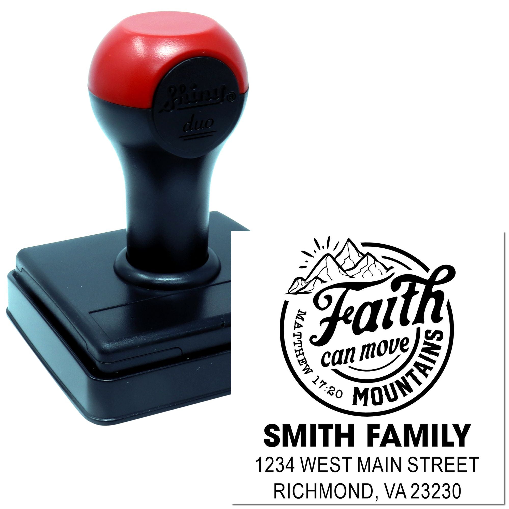 Personalized self-inking rubber stamp with Faith Can Move Mountains return address design for Smith family.