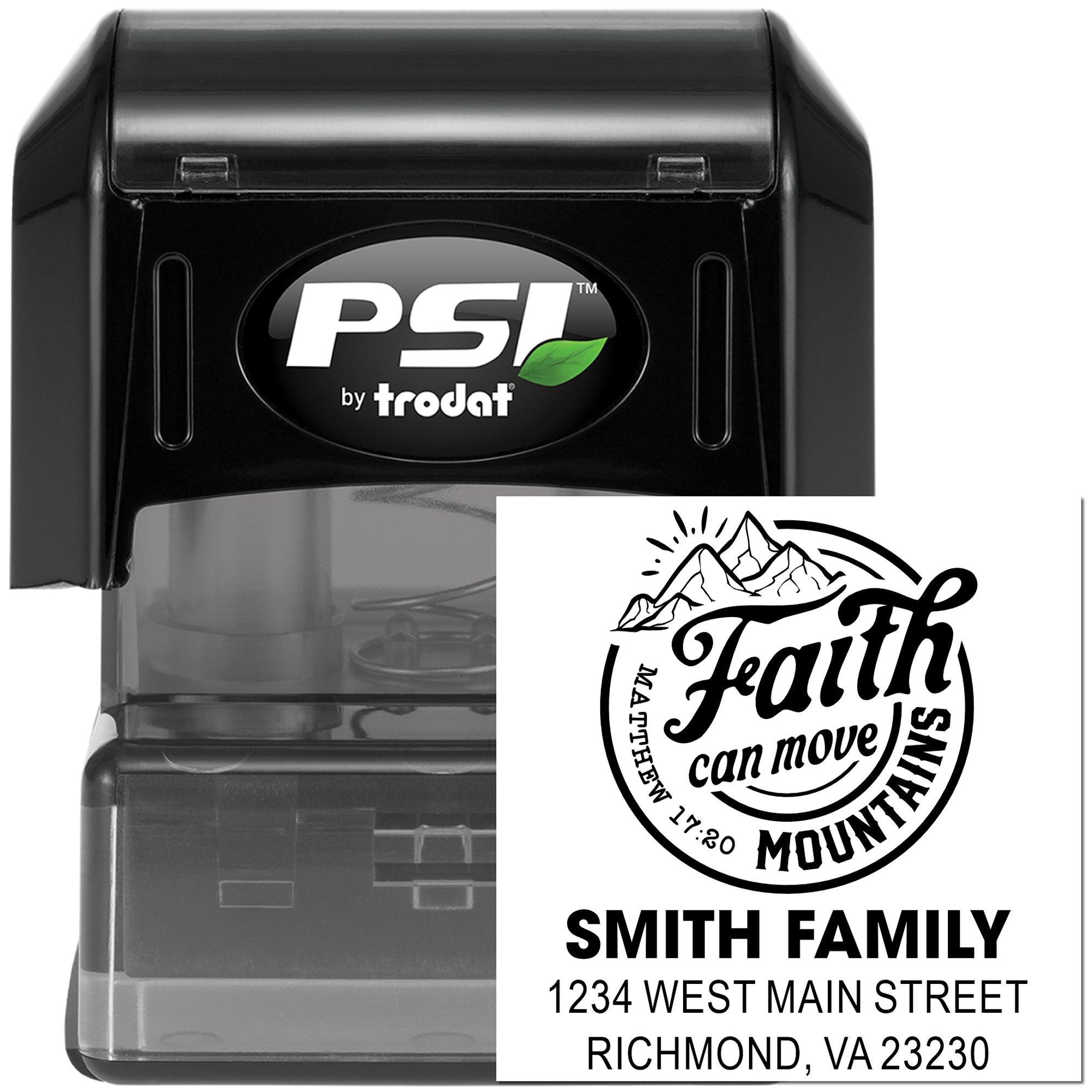 Custom self-inking rubber stamp with mountain faith design, Smith Family name, and address for personalized mailing.