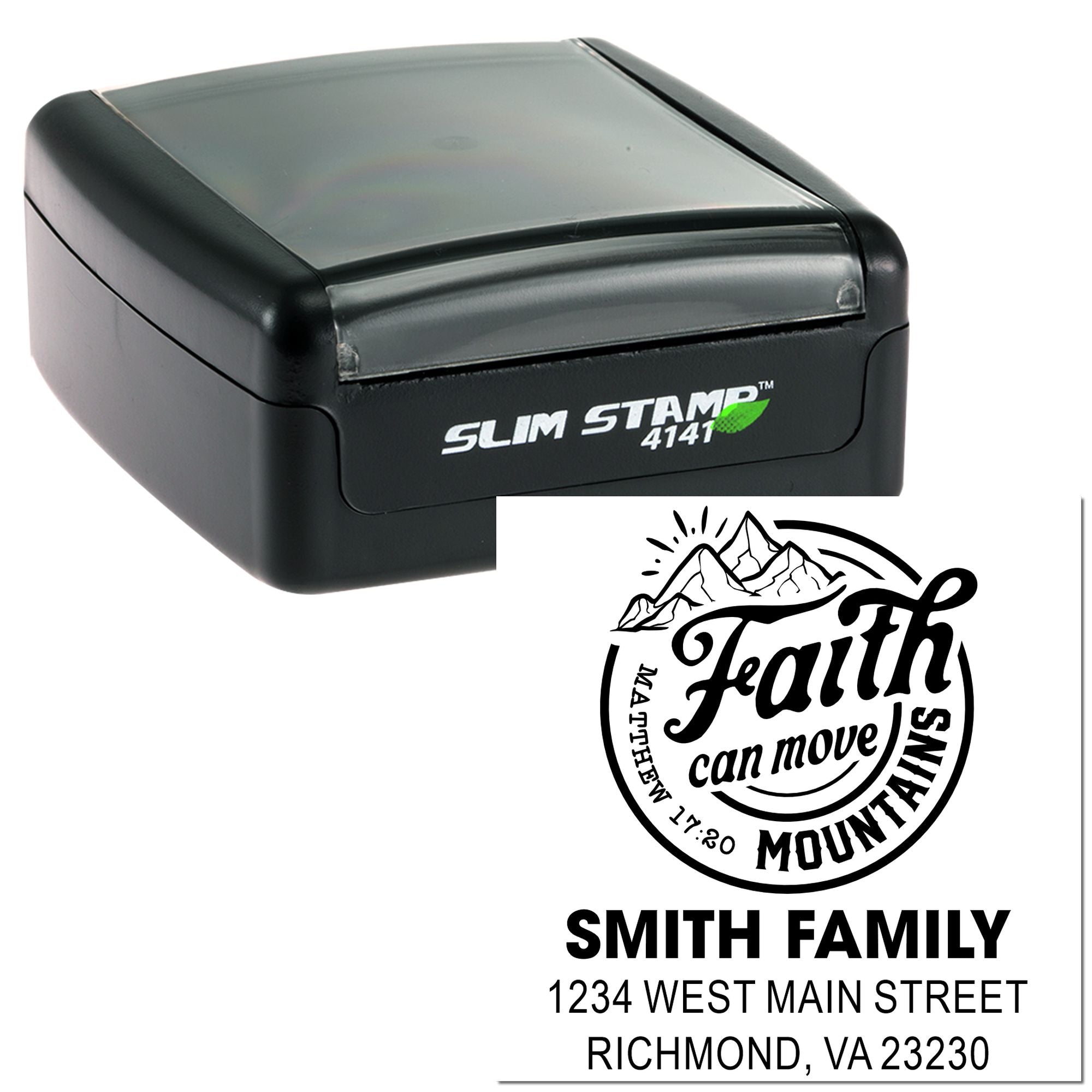 Custom self-inking rubber stamp with Smith Family faith address design for mailing, return labels, and personal use.