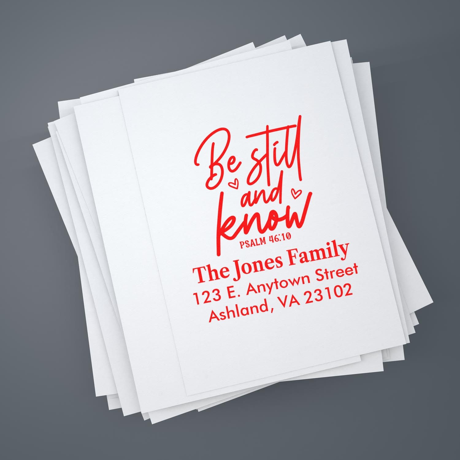 Personalized Christian address rubber stamp with Be Still and Know Bible verse for custom envelope and stationery branding.