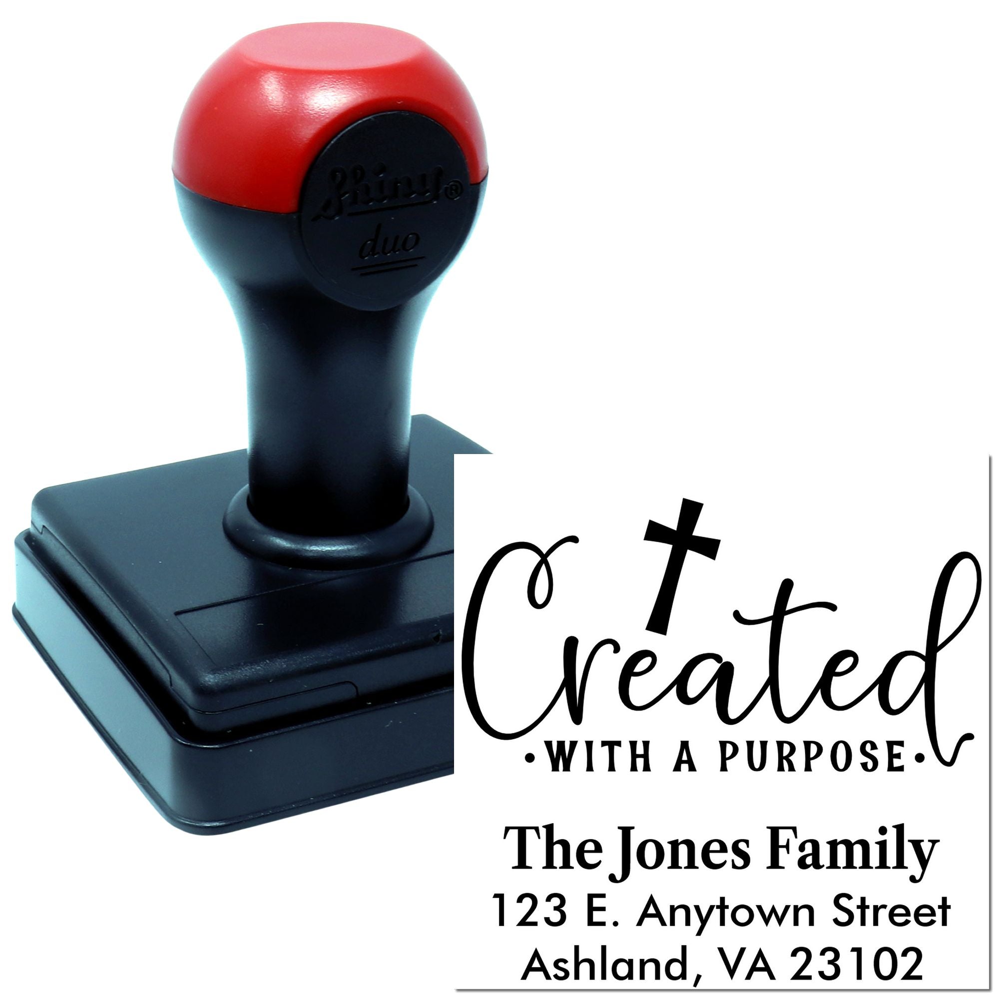 Custom self-inking rubber stamp with Created with a Purpose return address design for The Jones Family.