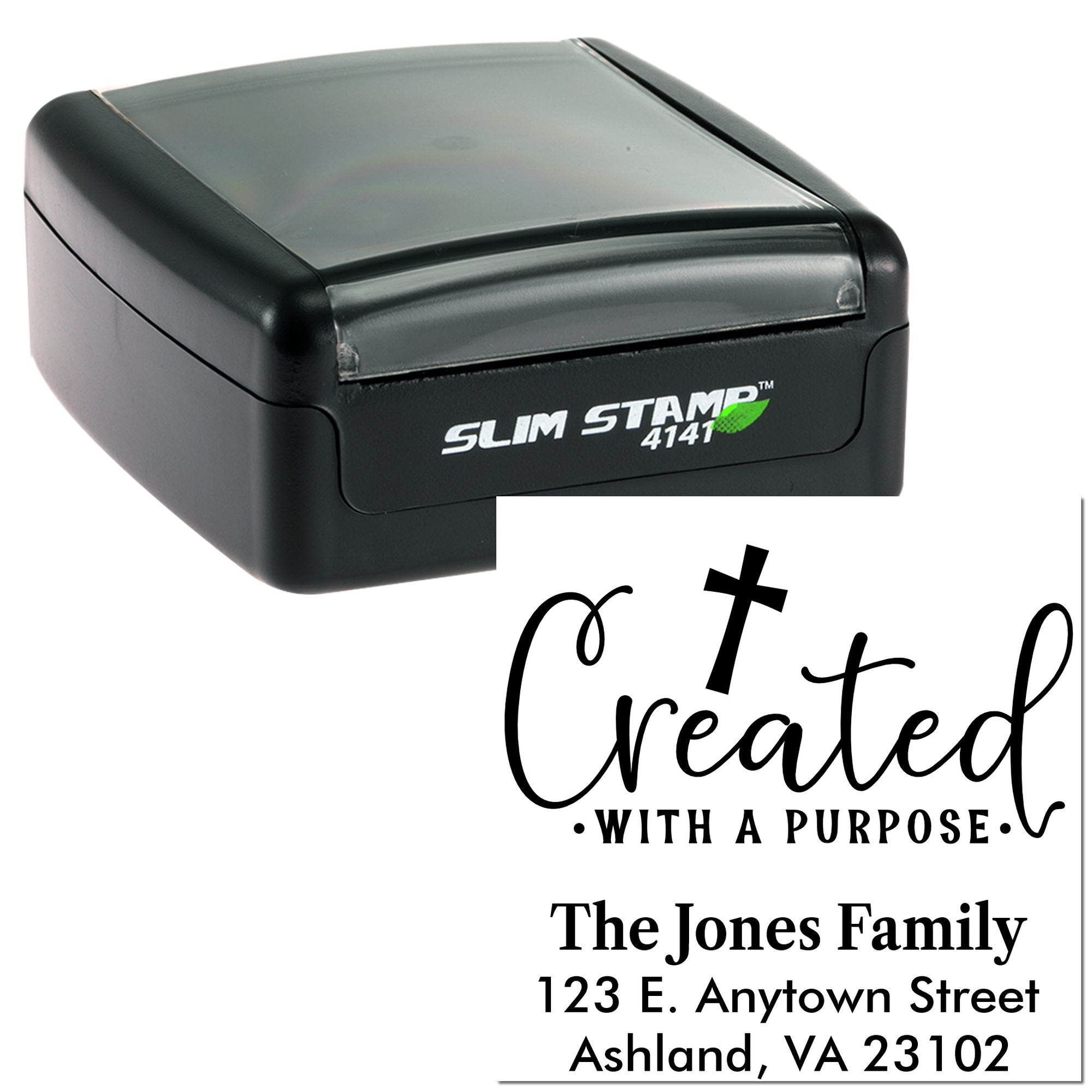 Custom self-inking rubber stamp with Created with a Purpose family return address design for personalized mailing.