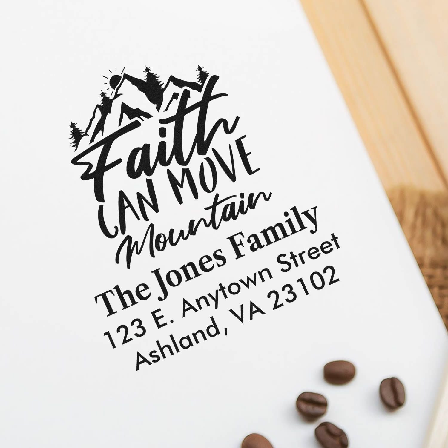 Custom family return address rubber stamp with Faith Can Move Mountain mountain design for personalized stationery.