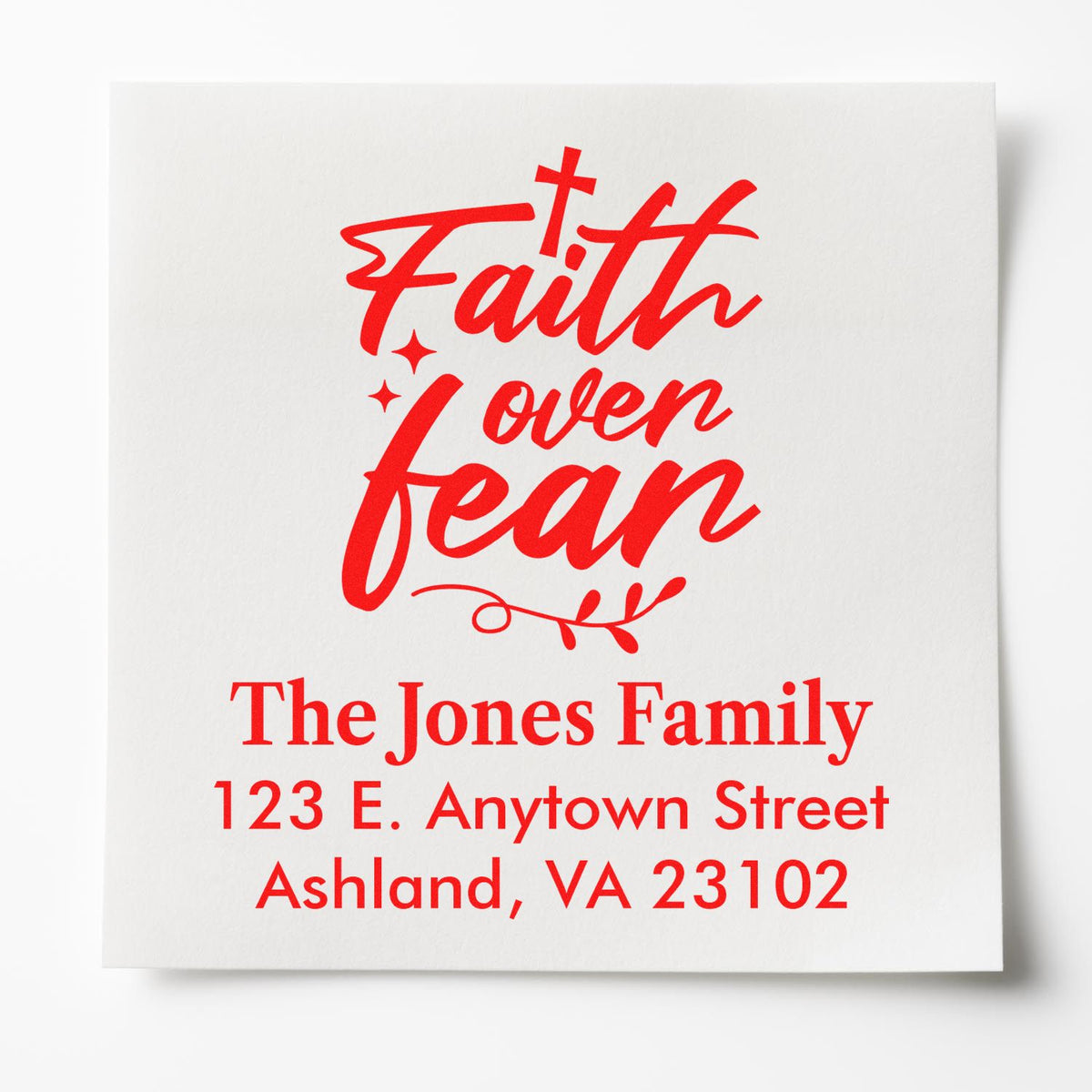 Personalized rubber stamp design with Faith over Fear, family name, and address for custom faith-themed stationery.