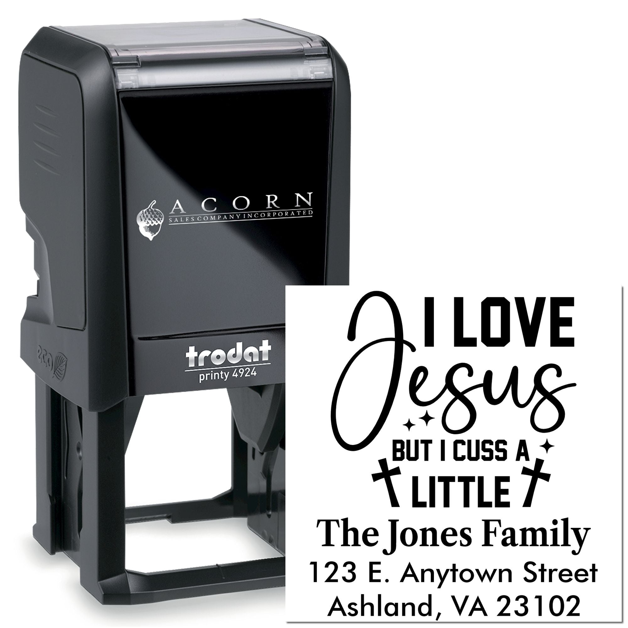 Custom self-inking rubber stamp with Christian family quote and return address for personalized mailing.