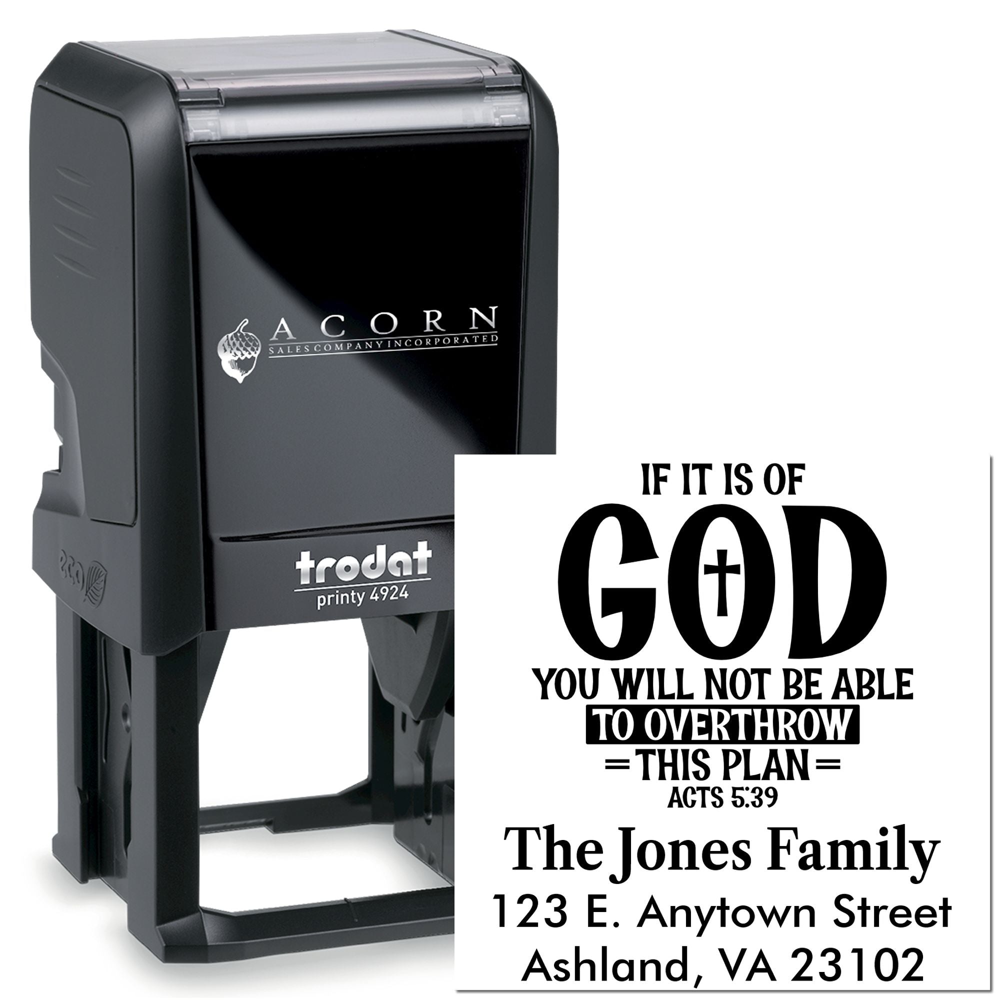 Custom self-inking address rubber stamp with Christian Bible verse, ideal for personalized mail and family correspondence.