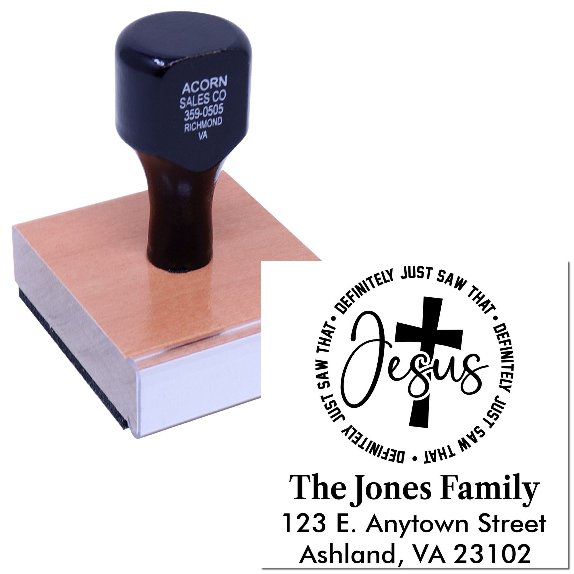 Custom Christian rubber stamp with Jesus cross design and family address, perfect for personalized mail and church stationery.