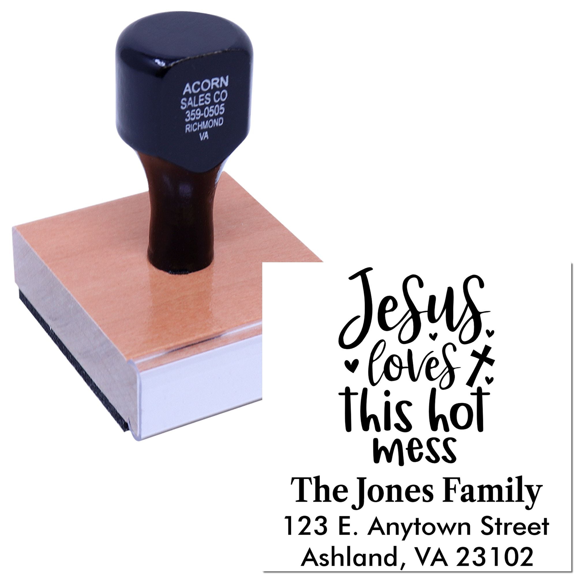 Custom rubber stamp with handle showing personalized Christian family address stamp design reading Jesus loves this hot mess.