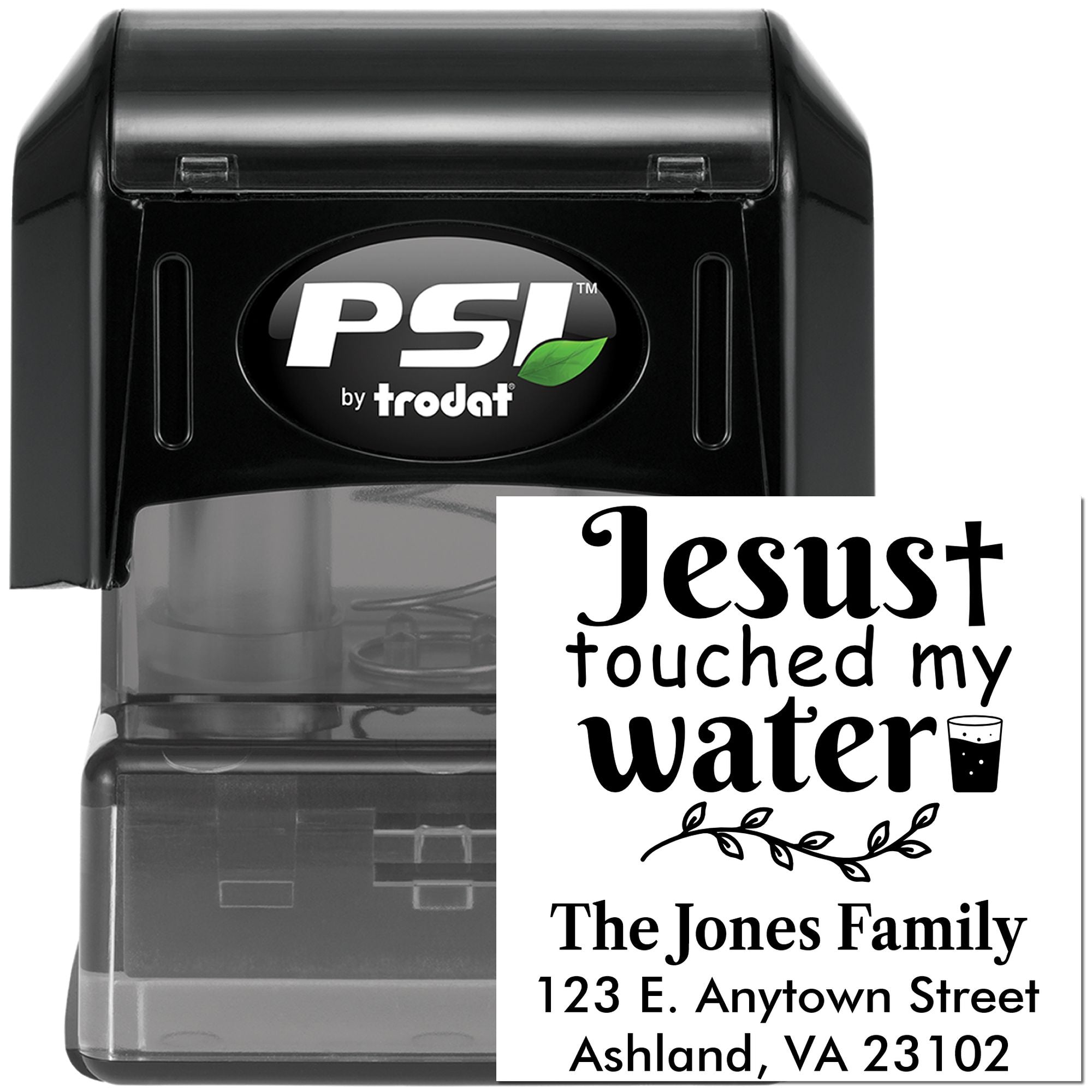 PSI by Trodat self-inking rubber stamp with custom religious quote and family address imprint.