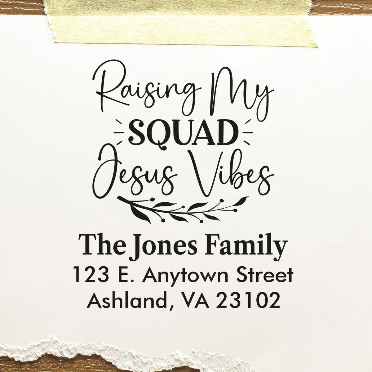 Personalized Christian return address rubber stamp with Raising My Squad Jesus Vibes family design.