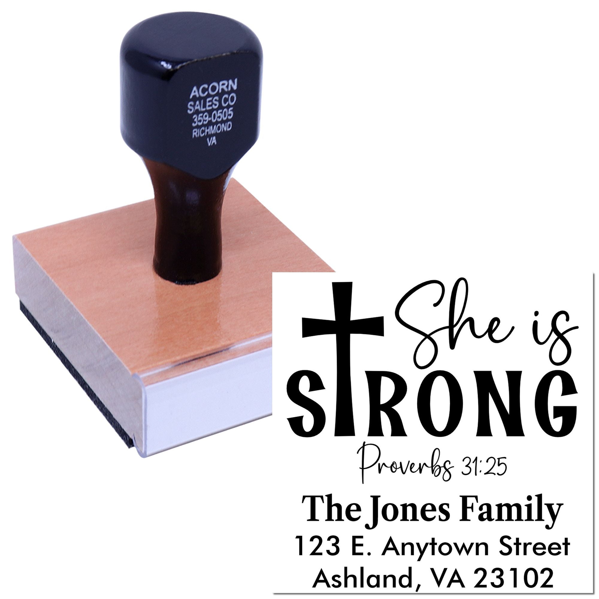 Personalized Christian rubber stamp with She is Strong Proverbs 31:25 and family name, address stamp for mailings.