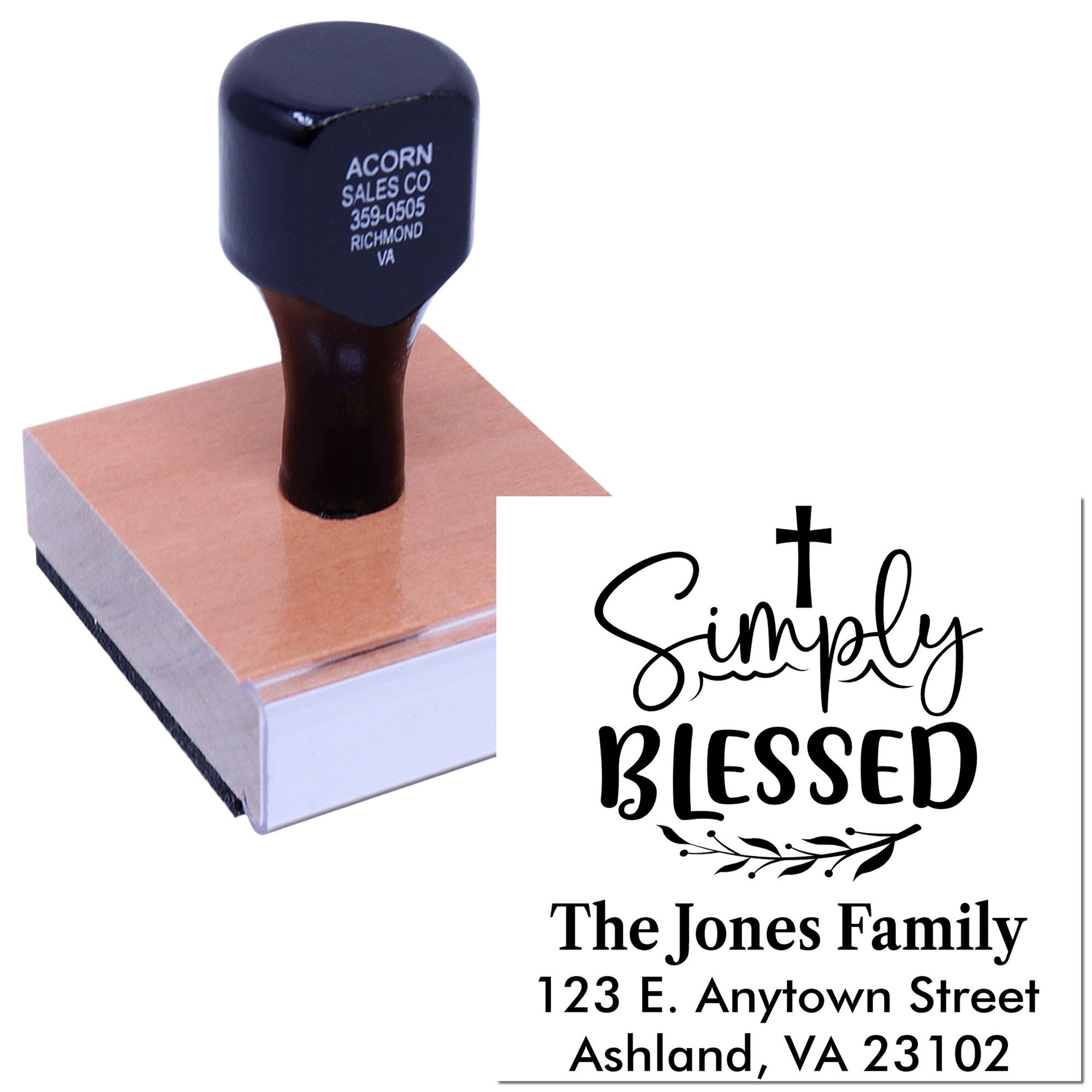 Custom rubber stamp with Simply Blessed family address design for personalized wedding invitations, stationery, and home use.
