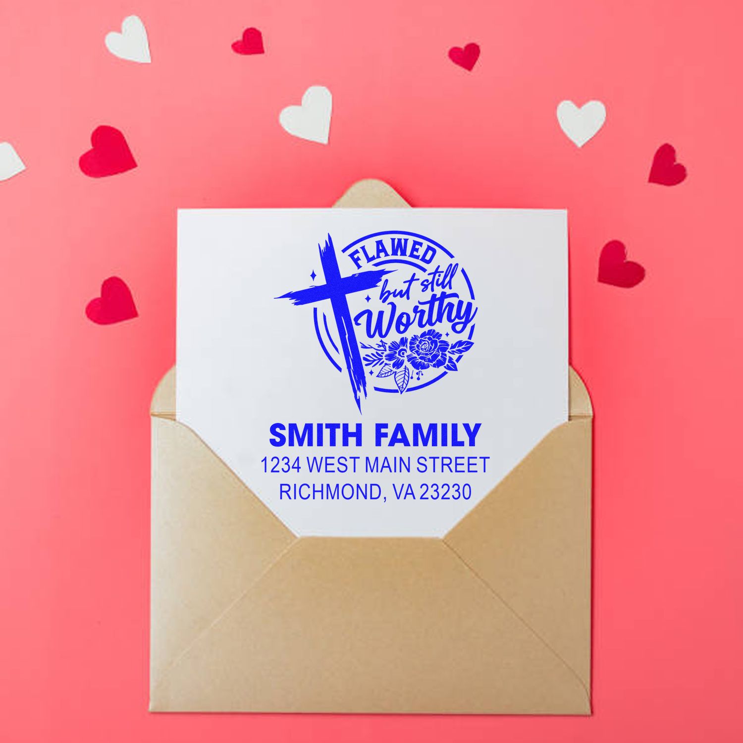 Custom Christian rubber stamp design for envelopes, featuring Flawed but Still Worthy cross art and Smith Family return address.