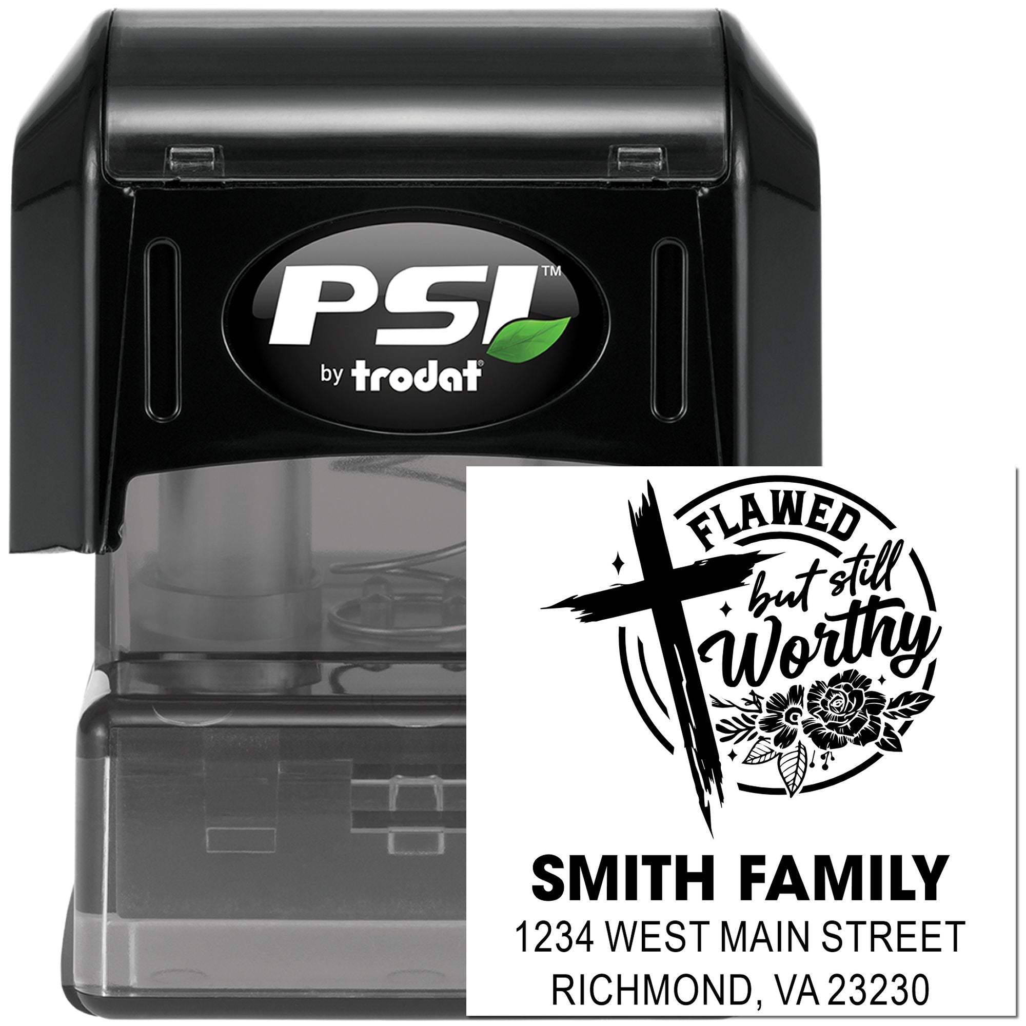 Custom rubber address stamp with Flawed but Still Worthy Christian family design and return address.