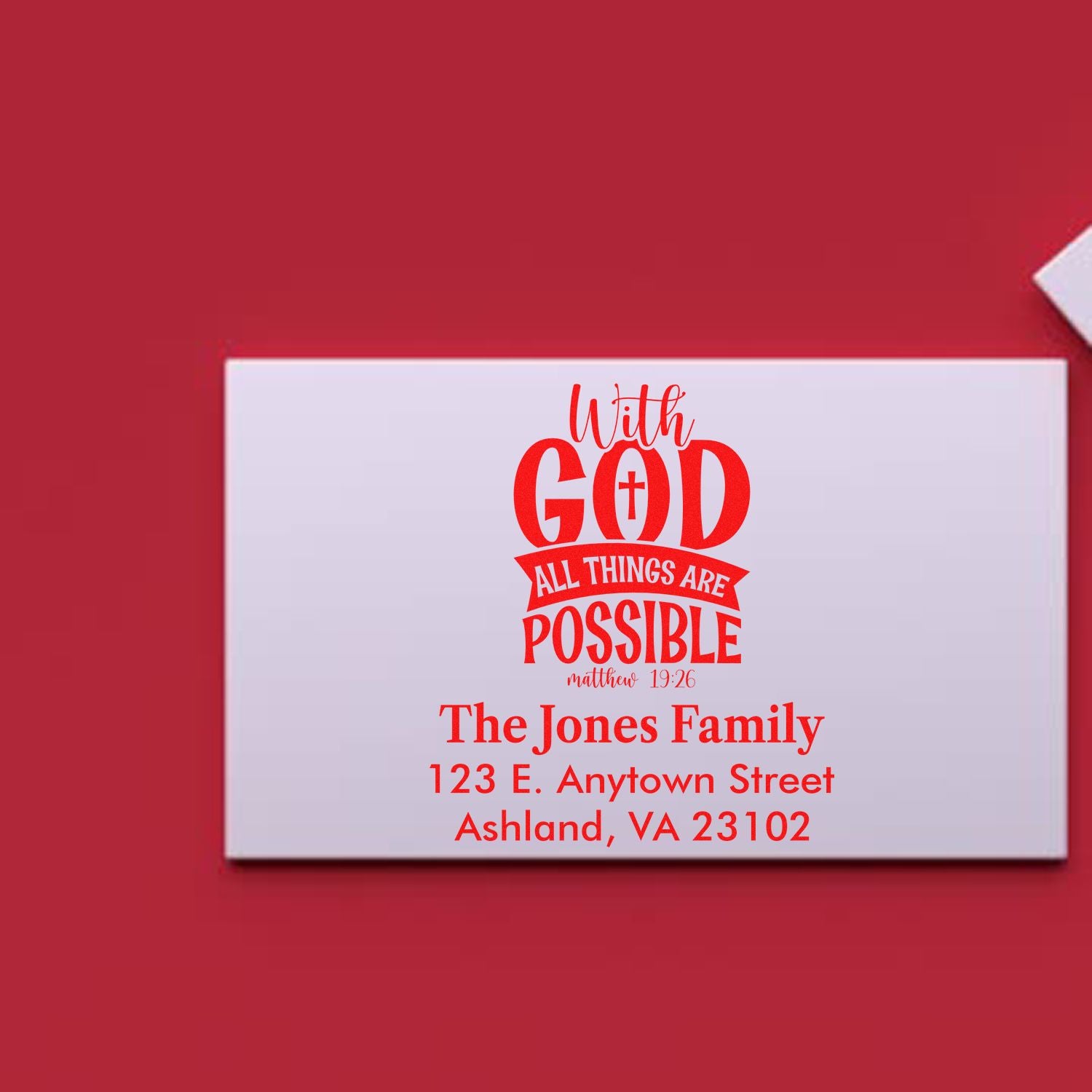Custom Christian rubber stamp with With God all things are possible and personalized family address.