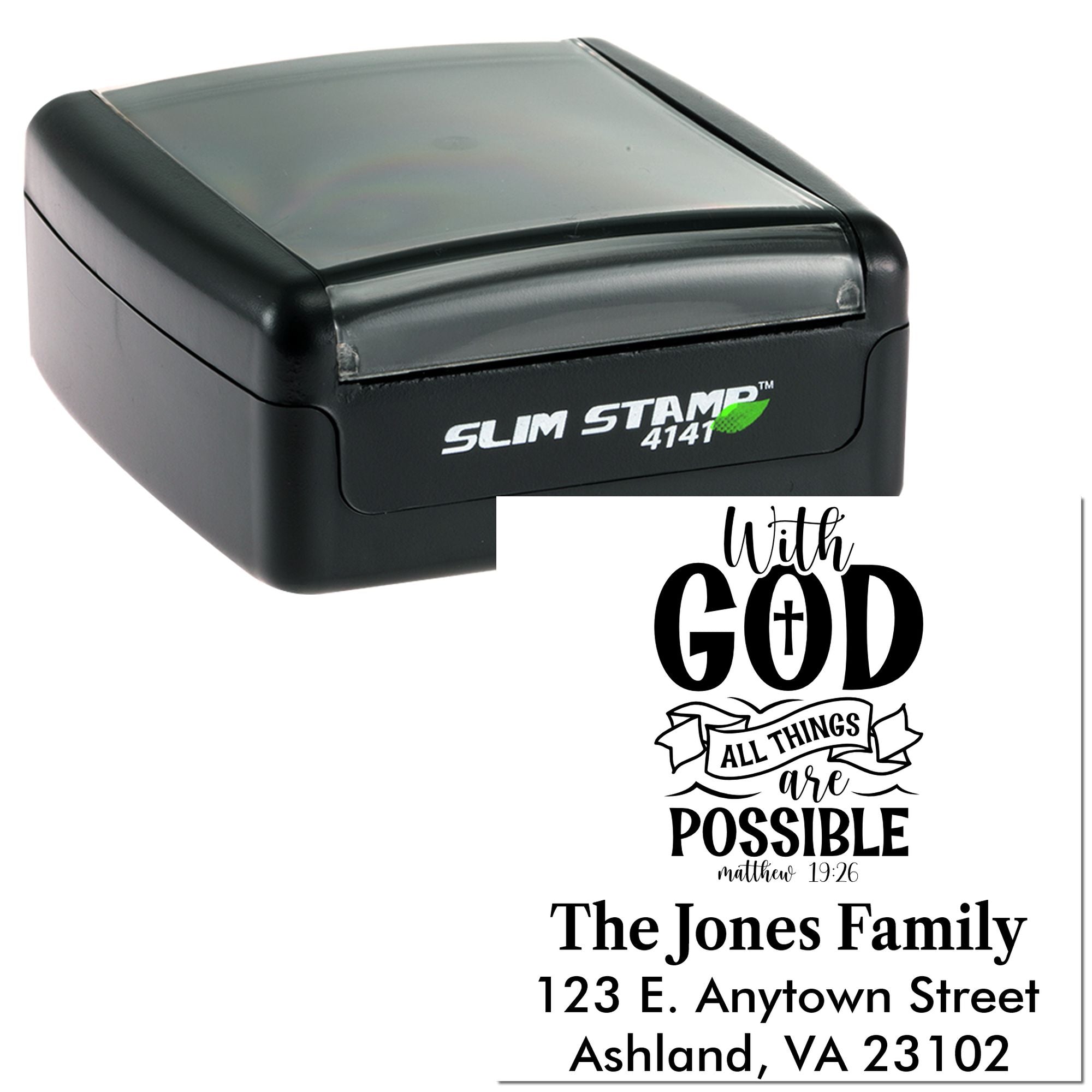 Custom self-inking return address rubber stamp with Bible verse With God all things are possible for Christian families.
