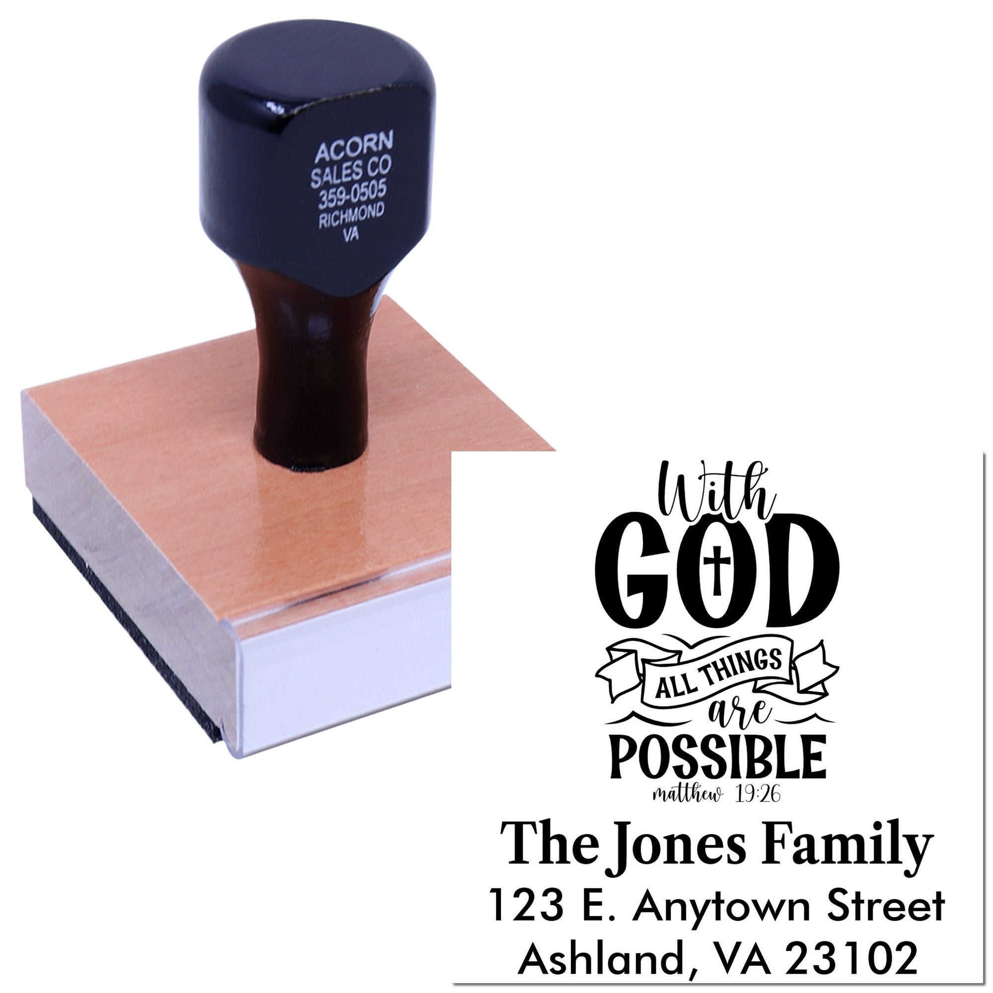 Custom Christian address rubber stamp with family name, home address, and With God all things are possible design.