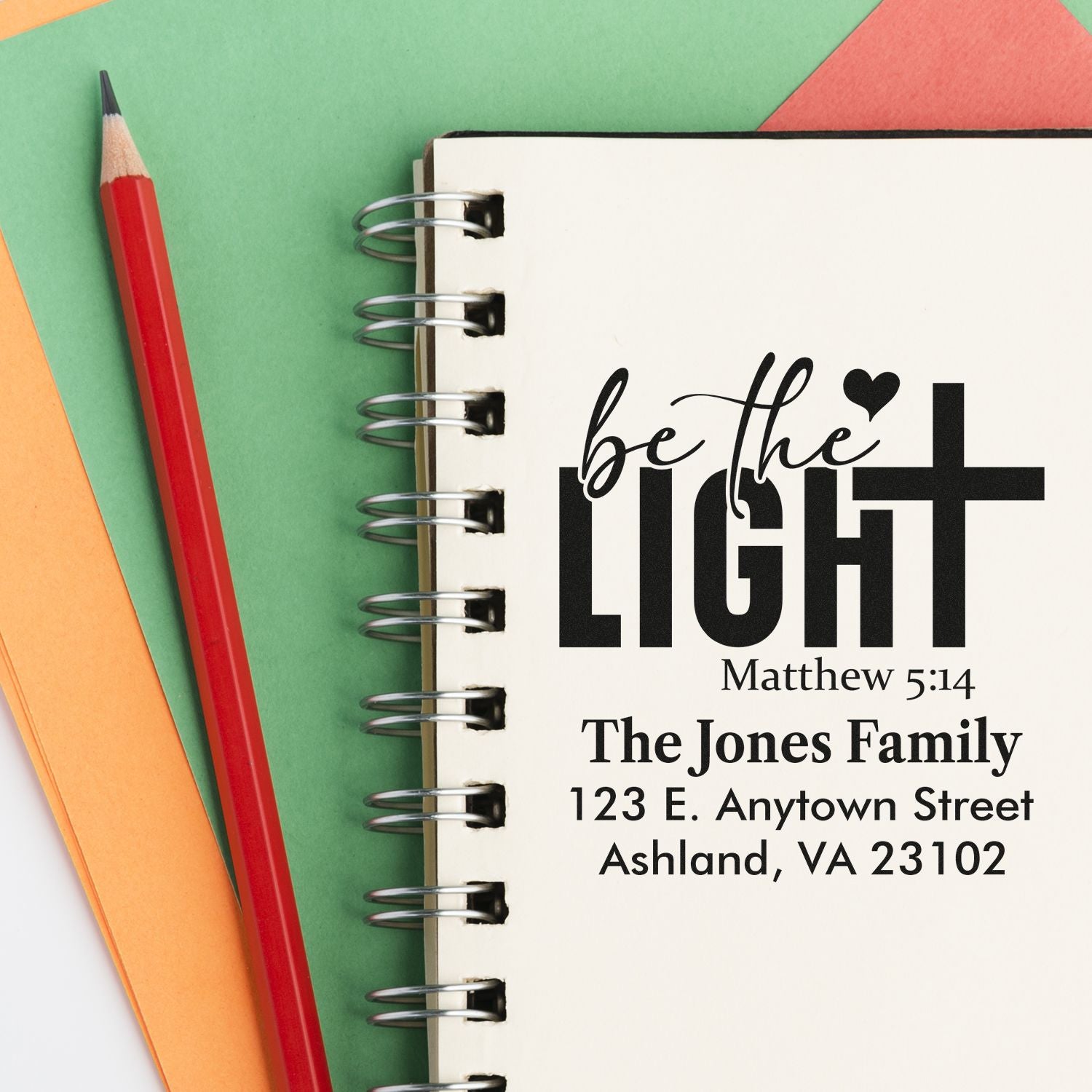 Personalized Christian return address rubber stamp with Be the Light Matthew 5:14 and The Jones Family address.