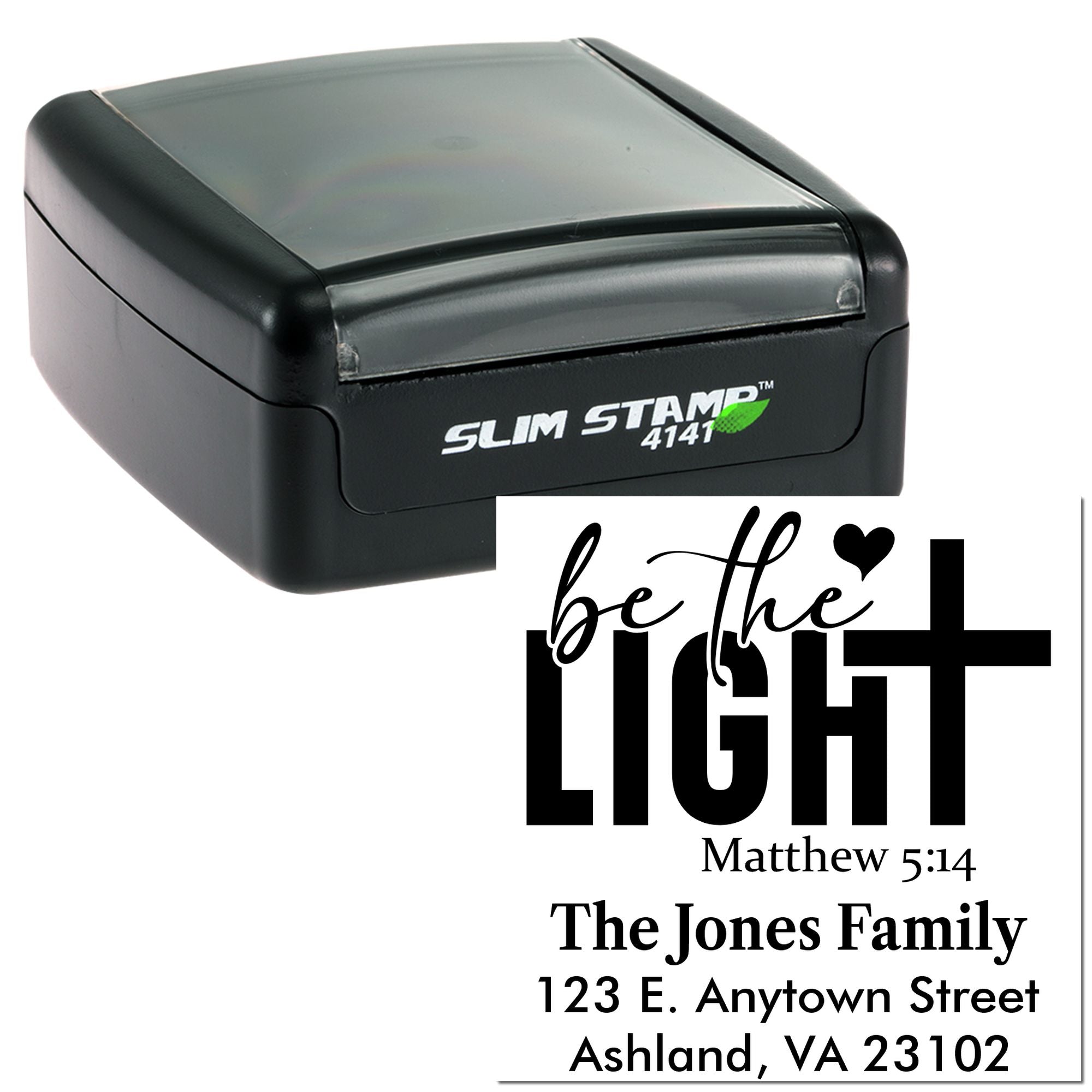 Custom self-inking rubber stamp with Christian Be the Light Matthew 5:14 return address design.