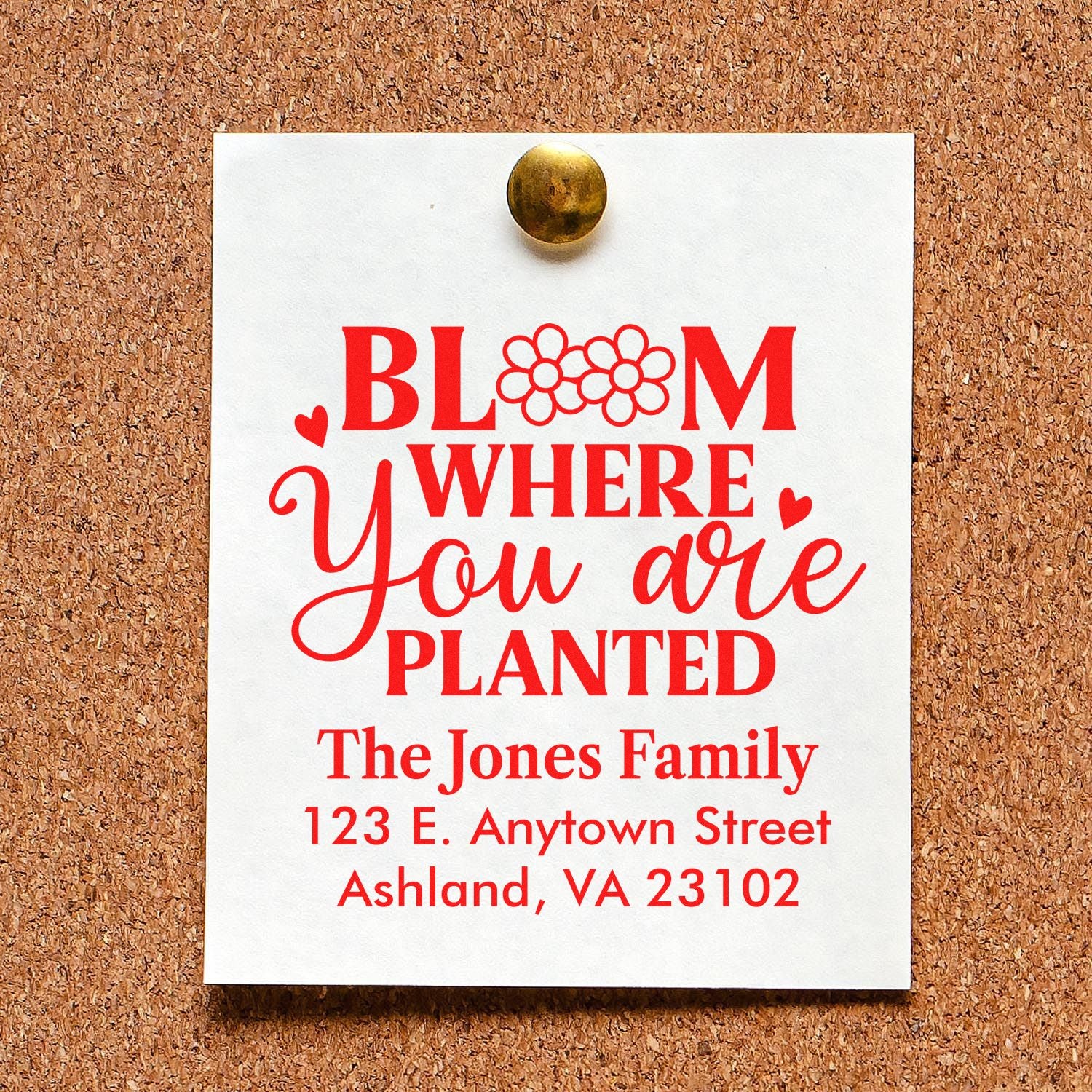 Personalized floral rubber stamp with Bloom Where You Are Planted, family name, and return address for custom mailings.