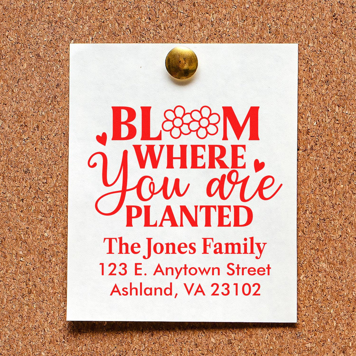 Personalized rubber address stamp design with Bloom Where You Are Planted, Jones Family name, and address on a pinned card.