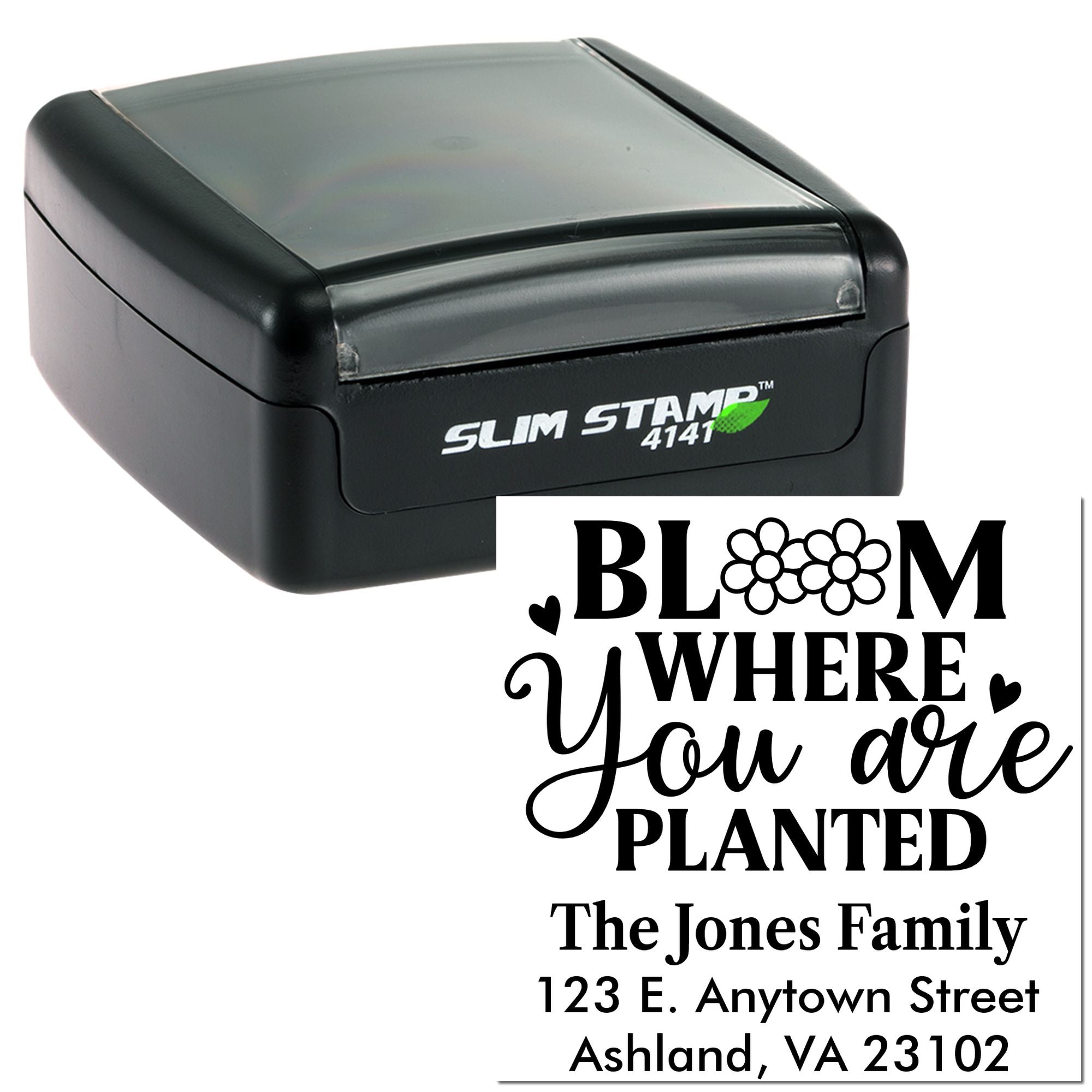 Custom self-inking rubber address stamp with floral Bloom Where You Are Planted design for The Jones Family.
