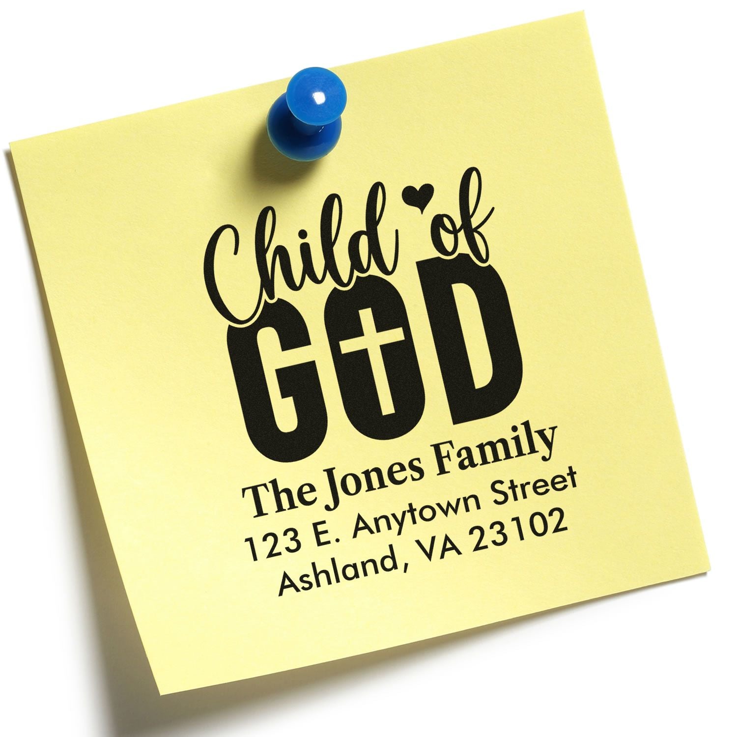 Custom family address rubber stamp with Child of God design and The Jones Family address on a yellow note.