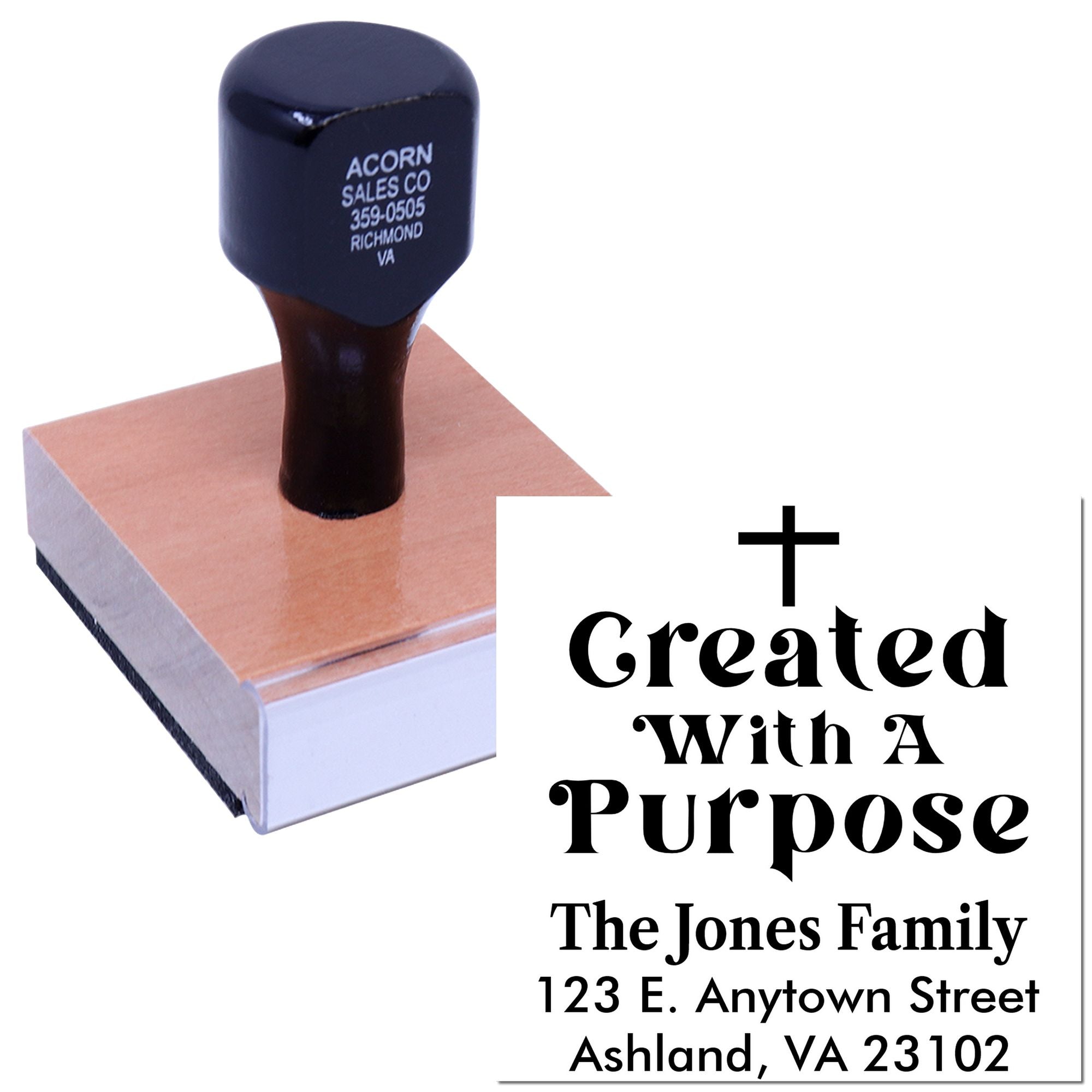 Custom rubber stamp showing a Created with a Purpose family return address design for personalized mailing.