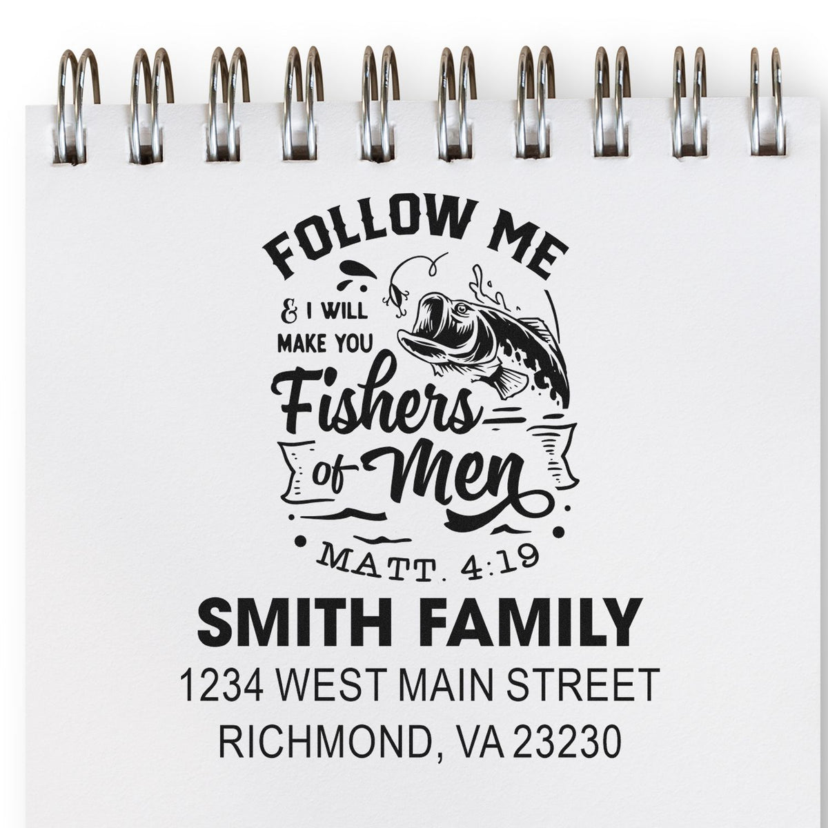 Custom fishing-themed rubber stamp with family name and return address, ideal for personal stationery and mailing.