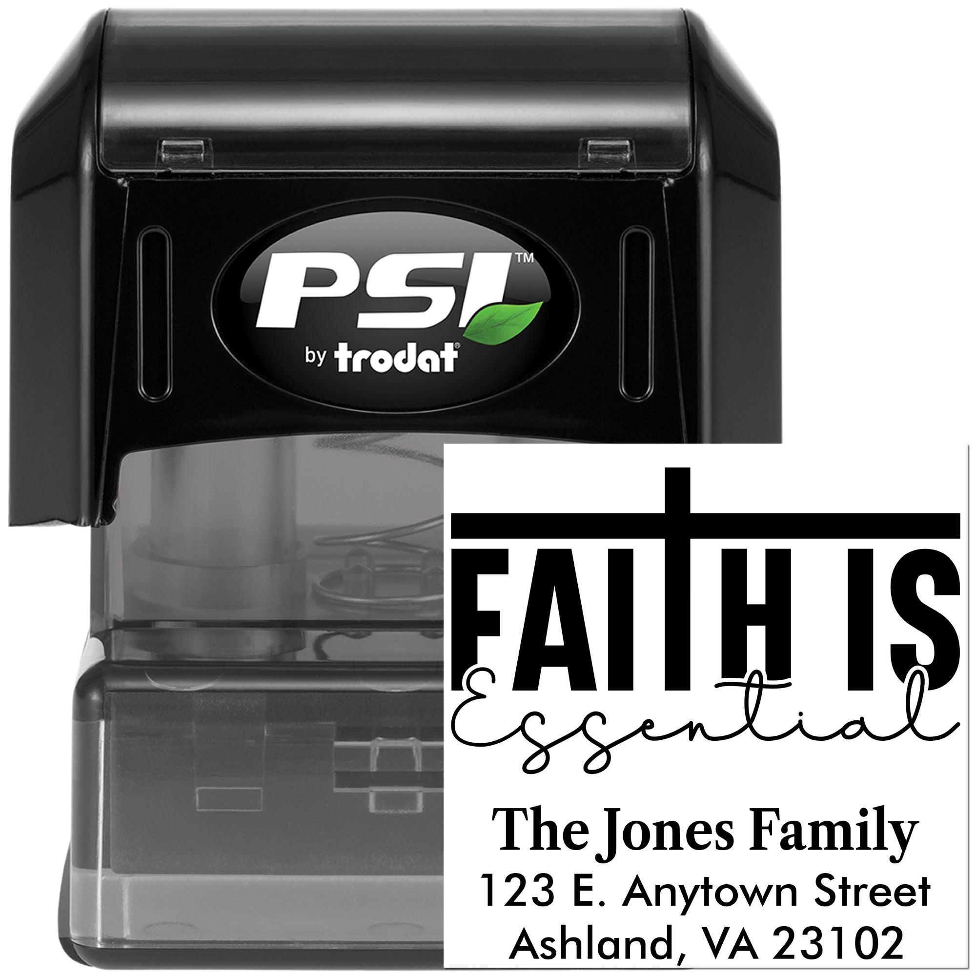 Custom self-inking rubber stamp with Faith is Essential family address design for church mailings and personal stationery.