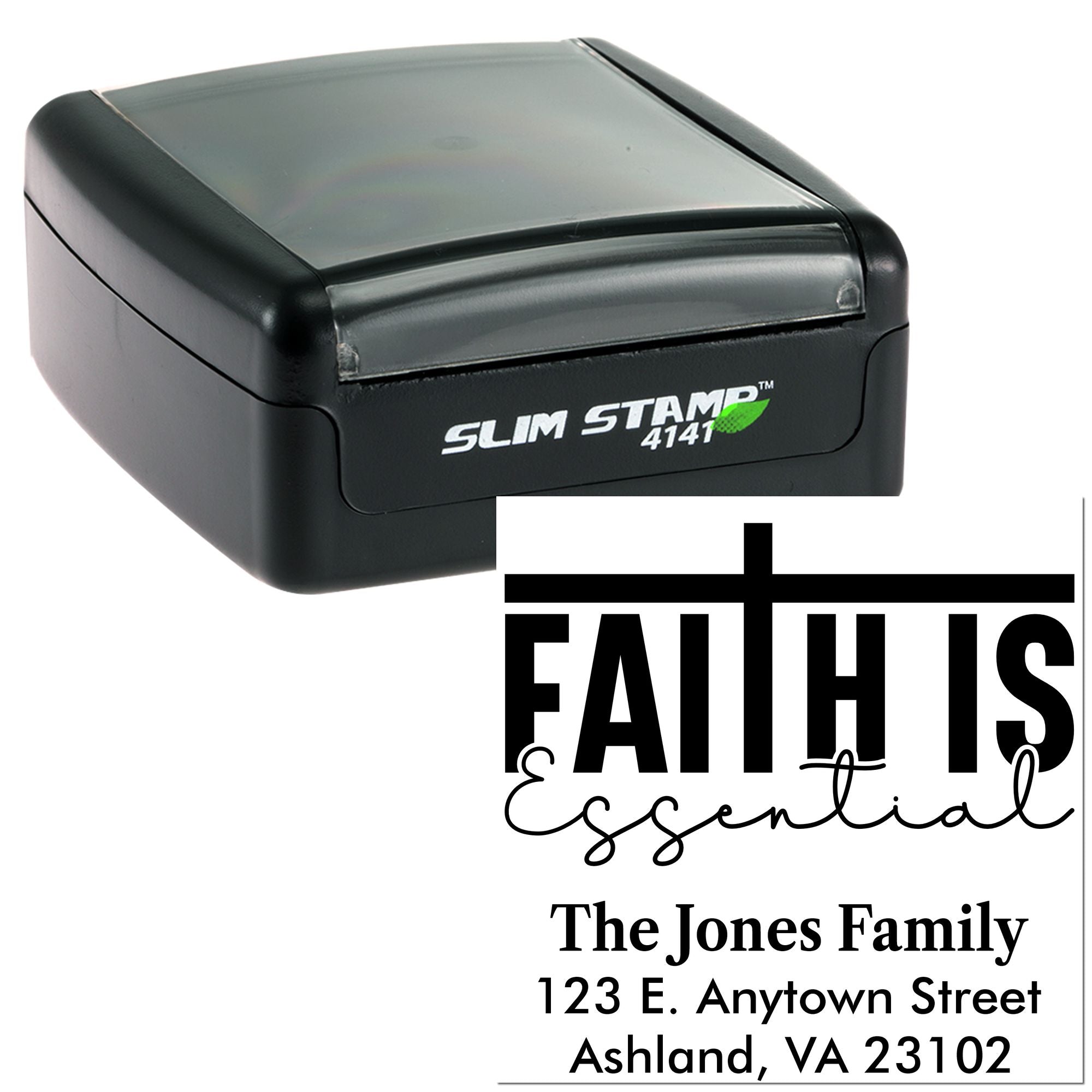 Slim Stamp 4141 self-inking rubber address stamp with custom Faith is Essential return address imprint.