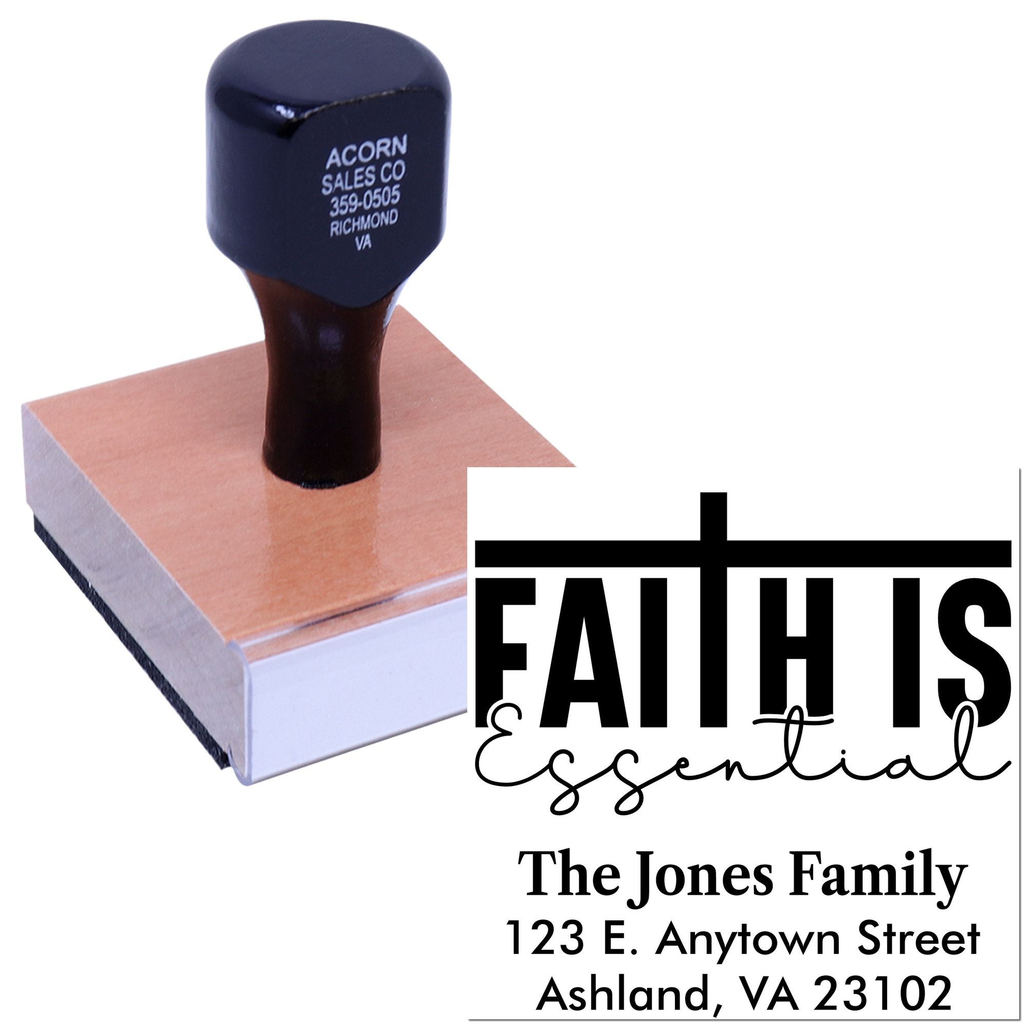 Personalized Faith Is Essential return address rubber stamp for The Jones Family with custom full address.