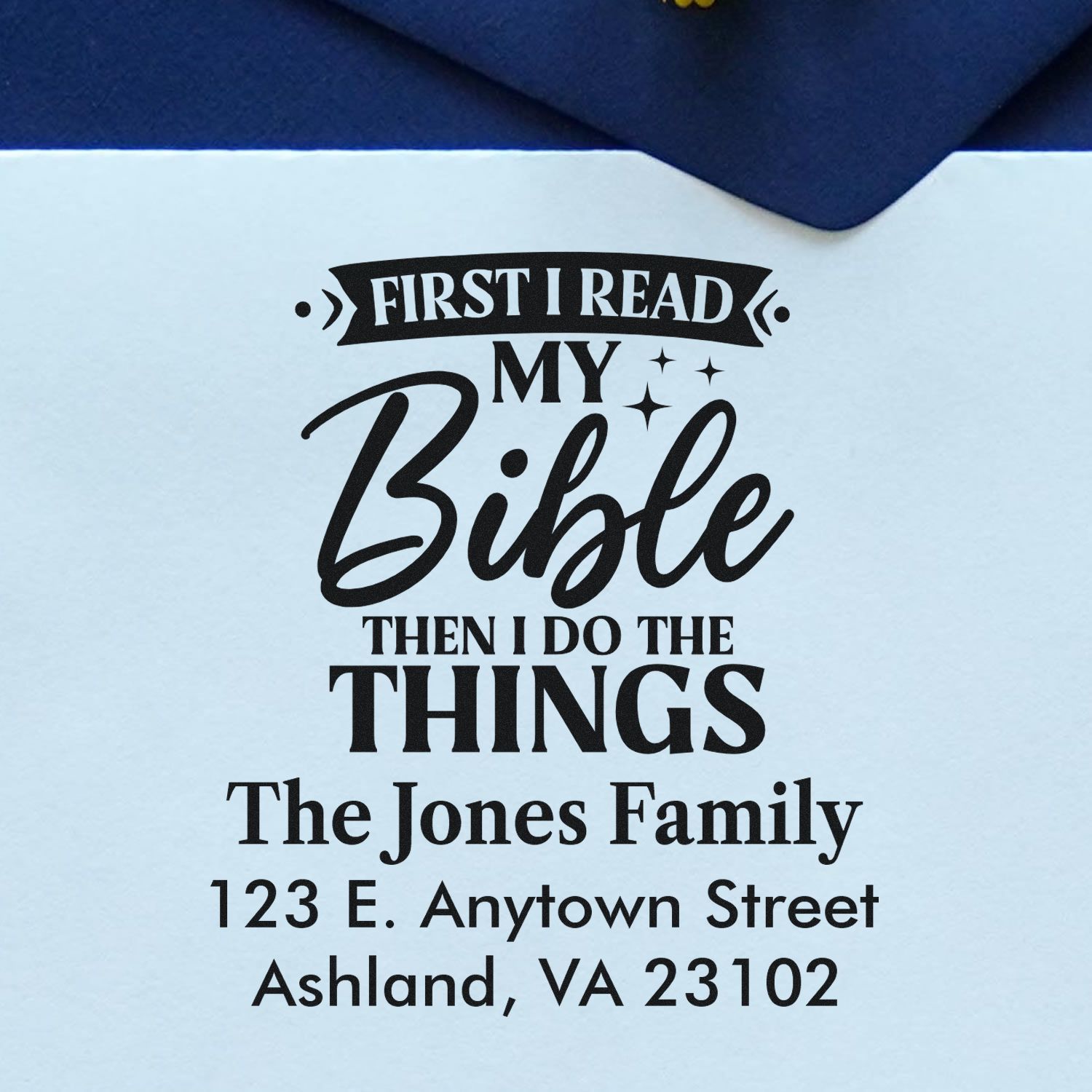 Custom Christian return address rubber stamp with Bible quote, family name, and Ashland, VA address.