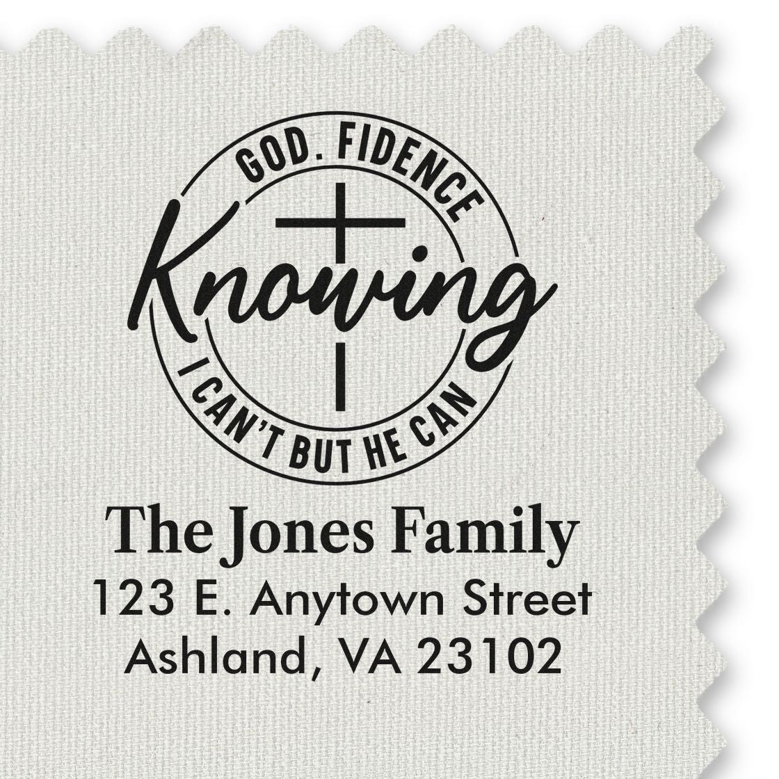 Custom Christian address rubber stamp with cross and faith quote, personalized for The Jones Family return address.