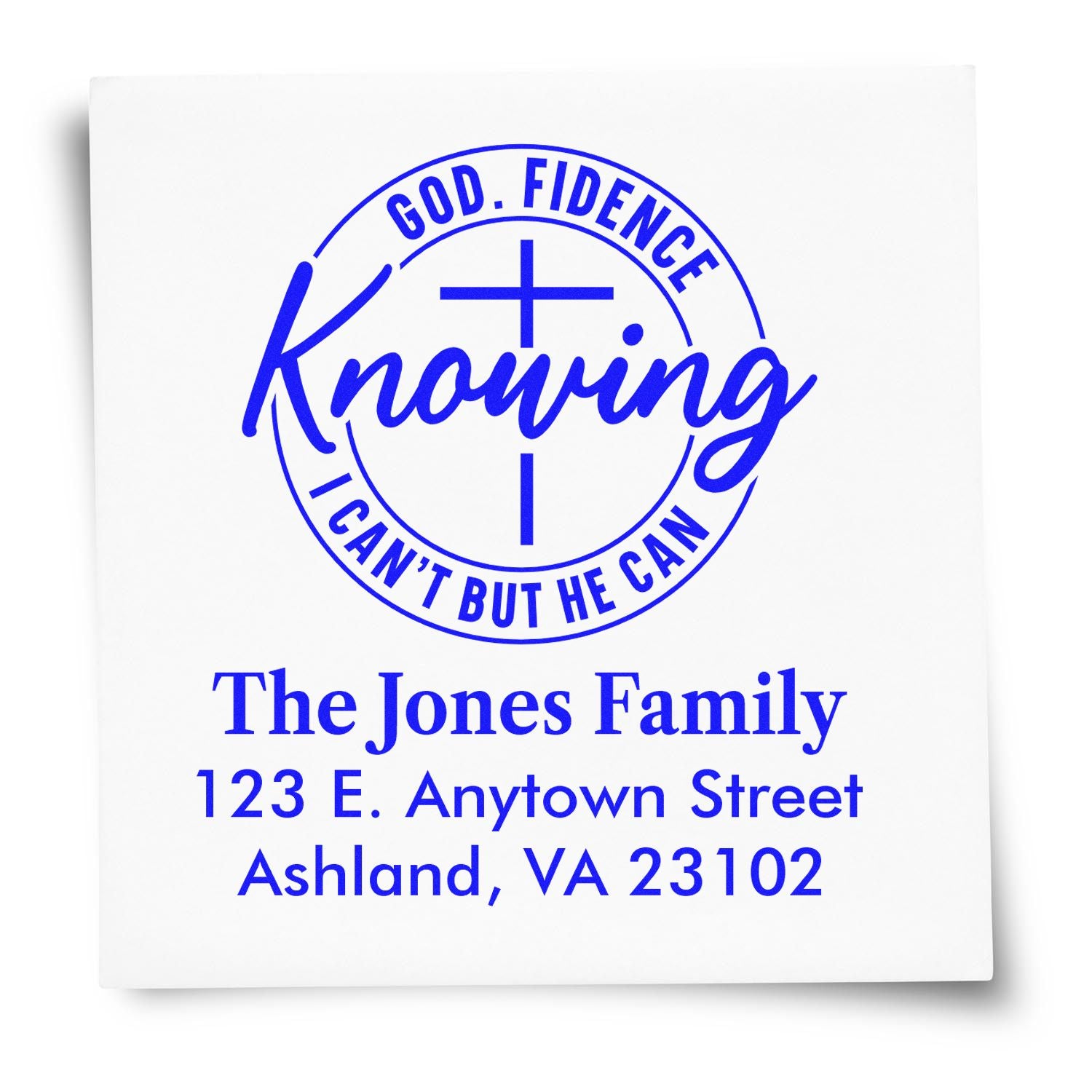 Personalized Christian return address rubber stamp for The Jones Family, featuring a cross and God-fidence slogan.