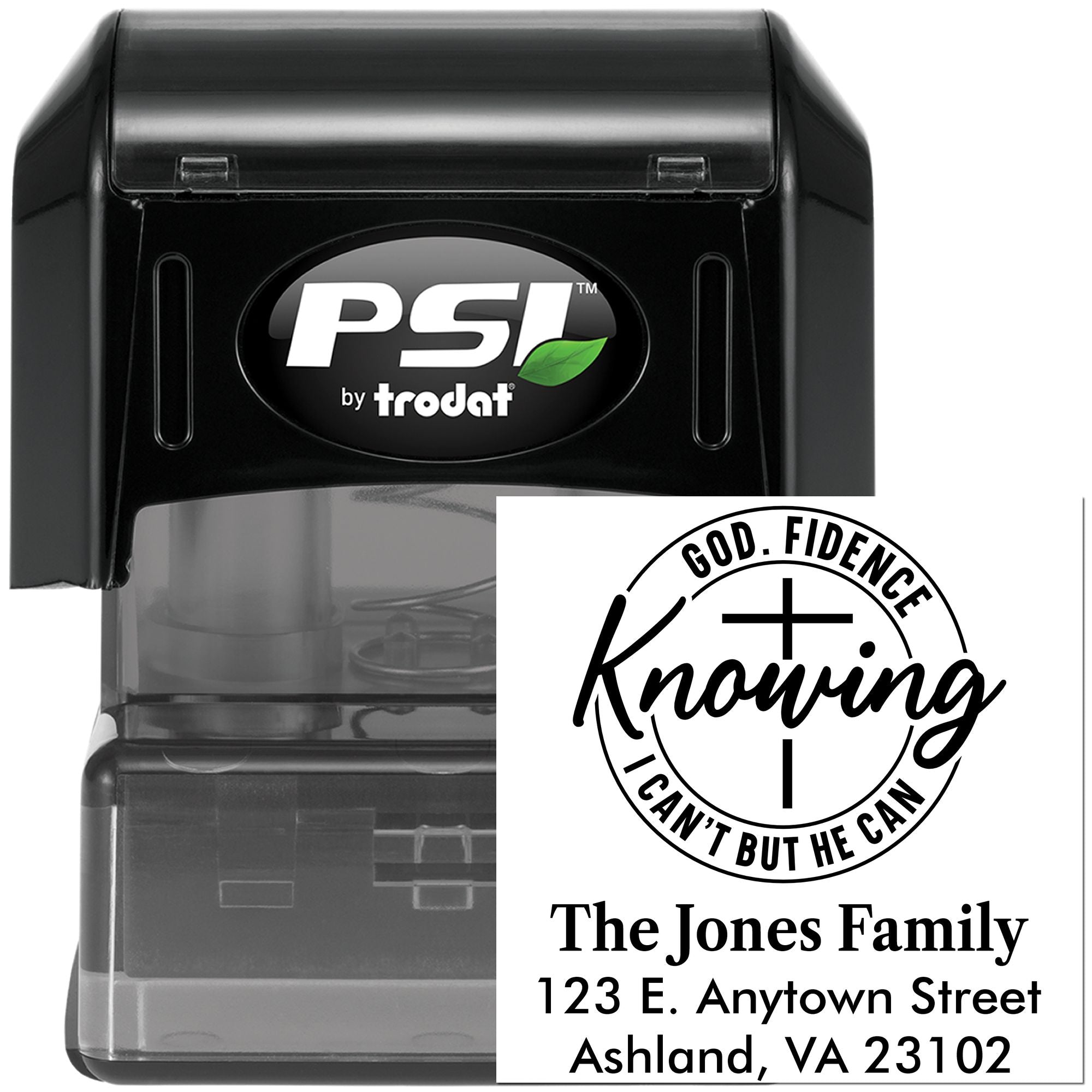 Custom self-inking rubber address stamp with God-fidence quote, The Jones Family name, and personalized mailing address.