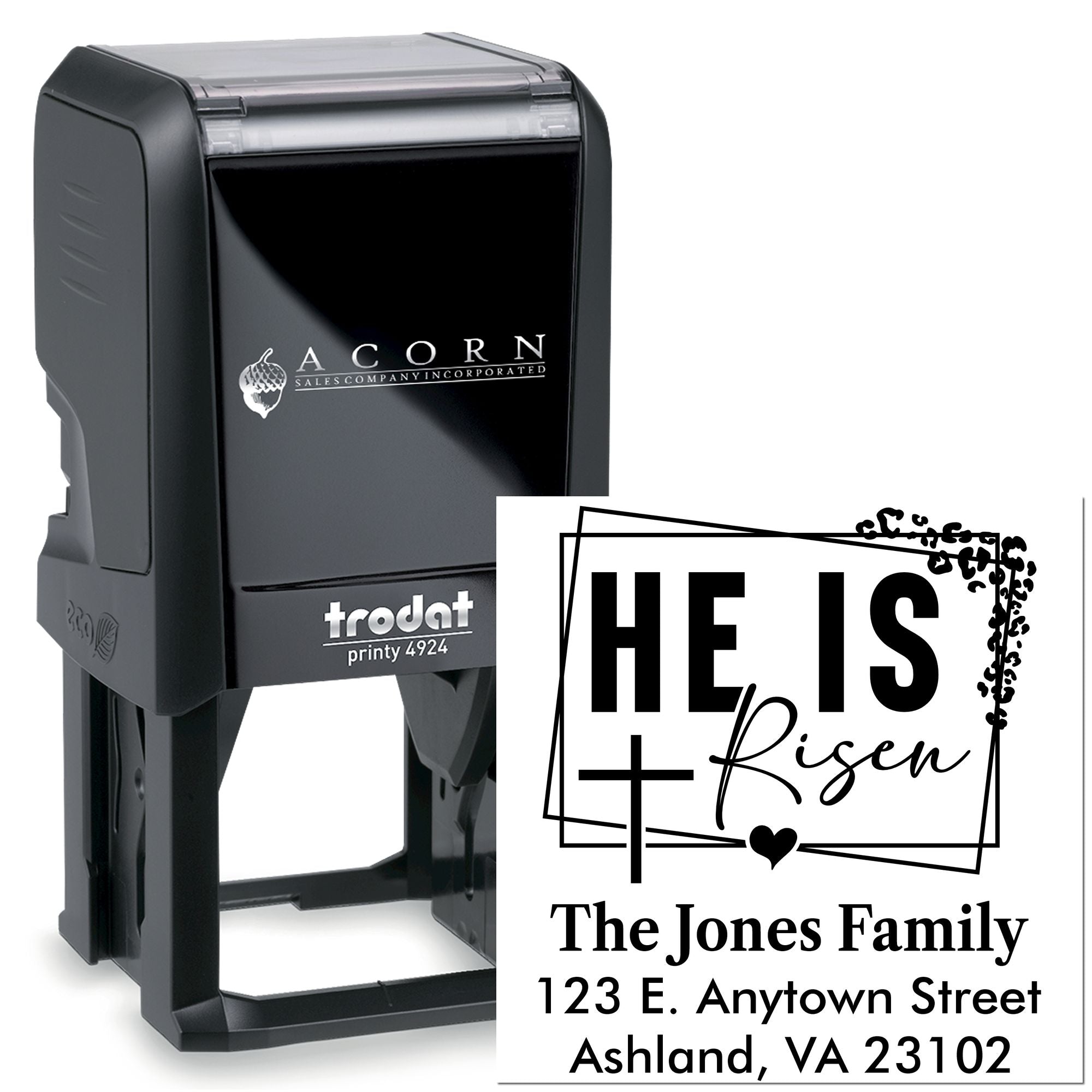 Custom self-inking rubber stamp with He Is Risen design, family name, and address for Easter cards and mailings.