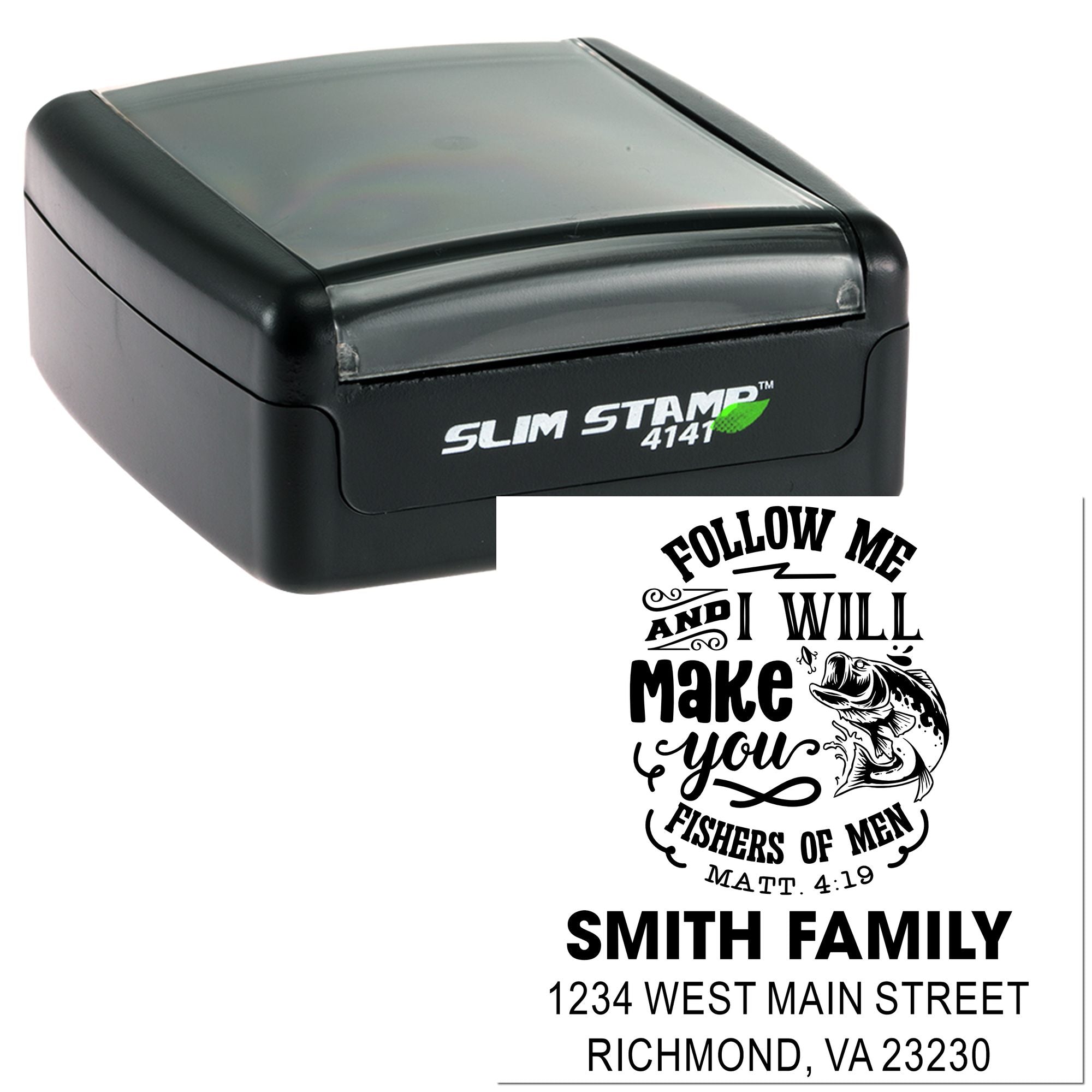 Custom self-inking rubber stamp with fishing-themed family address design for personalized mail, invitations, and branding.