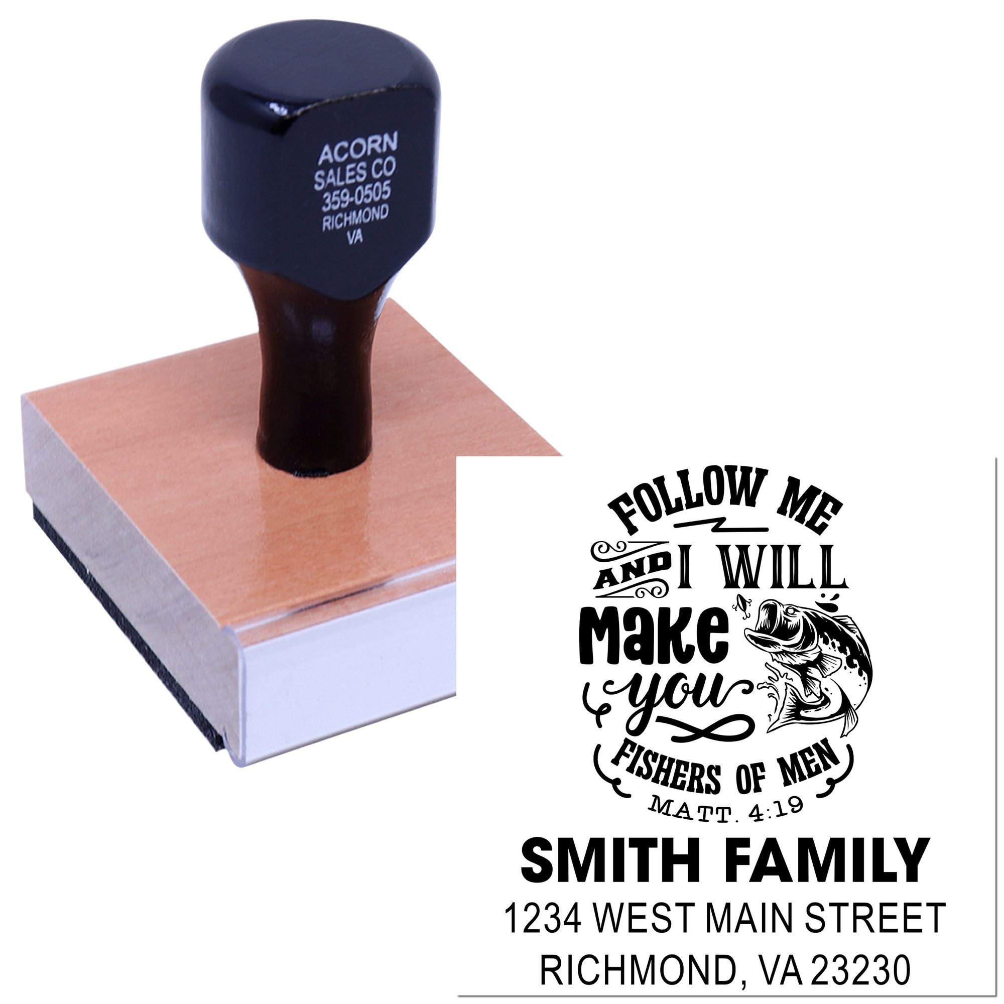 Custom rubber stamp with personalized return address and Christian fishers of men design for family mailings.