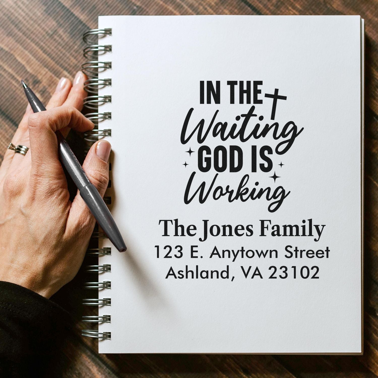 Personalized Christian return address rubber stamp with In the Waiting God Is Working for The Jones Family.
