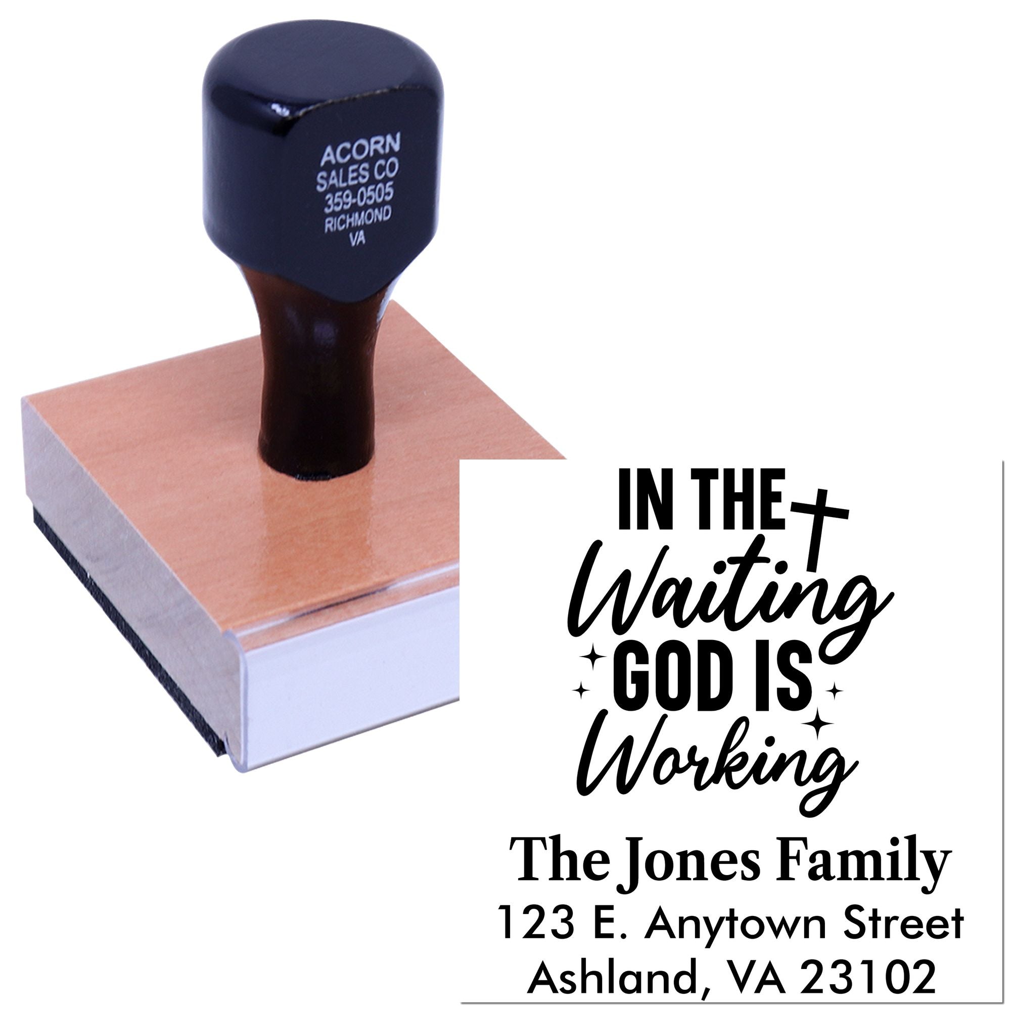 Personalized rubber stamp with In the Waiting God Is Working quote and family address for custom mailings.