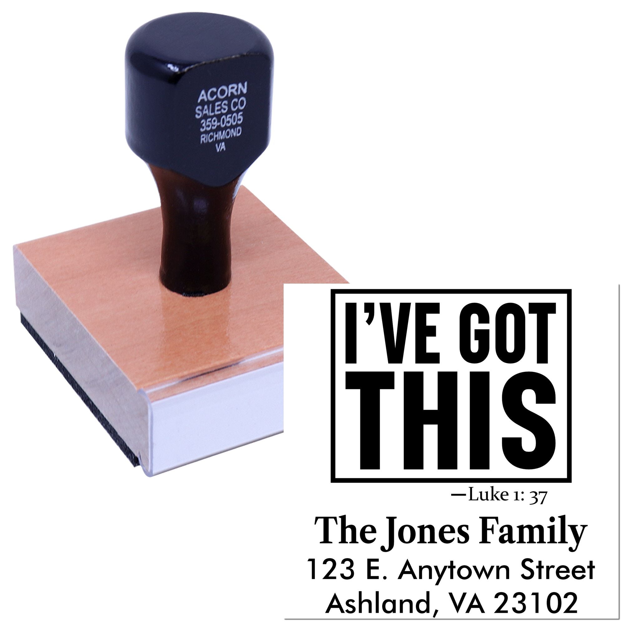 Personalized Christian rubber stamp with Ive Got This and Luke 1:37 for The Jones Family address label.