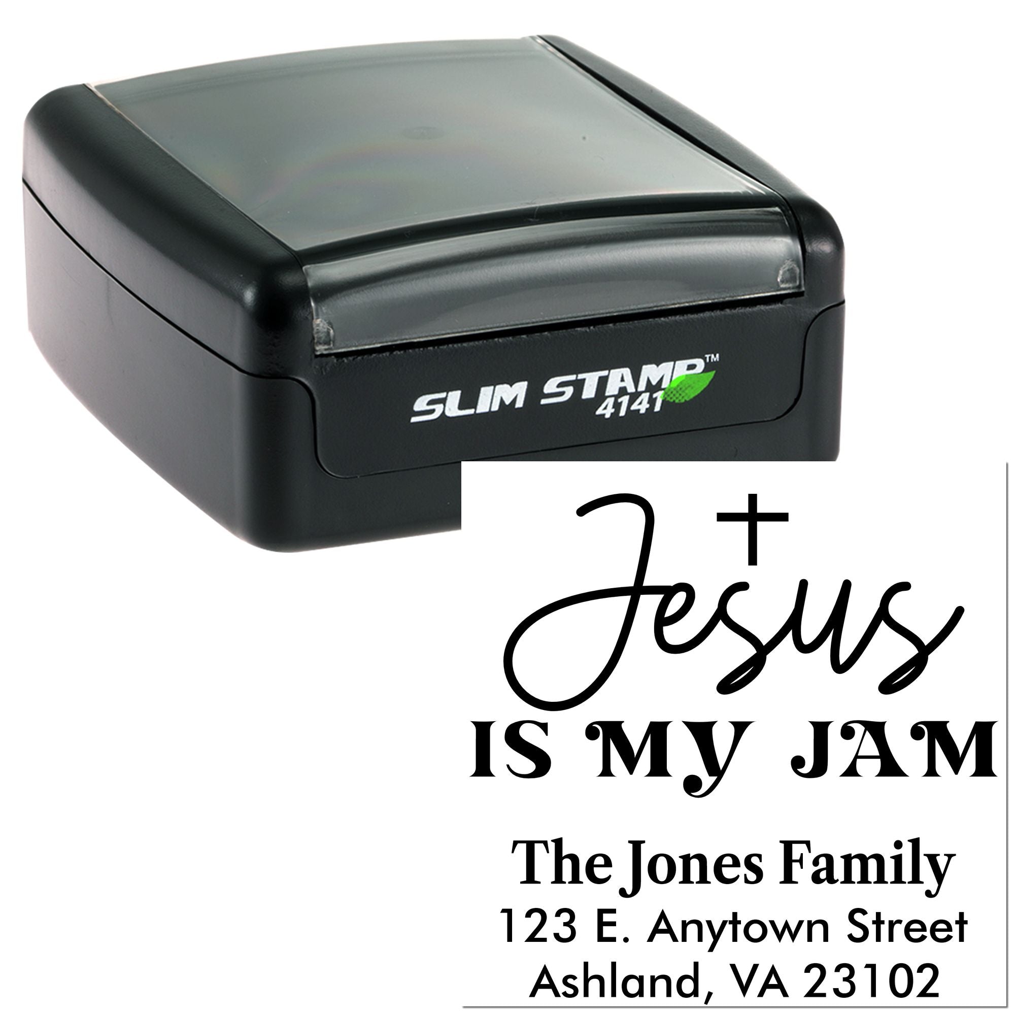 Custom self-inking rubber stamp with Jesus is my JAM family address design for Christian cards and mailings