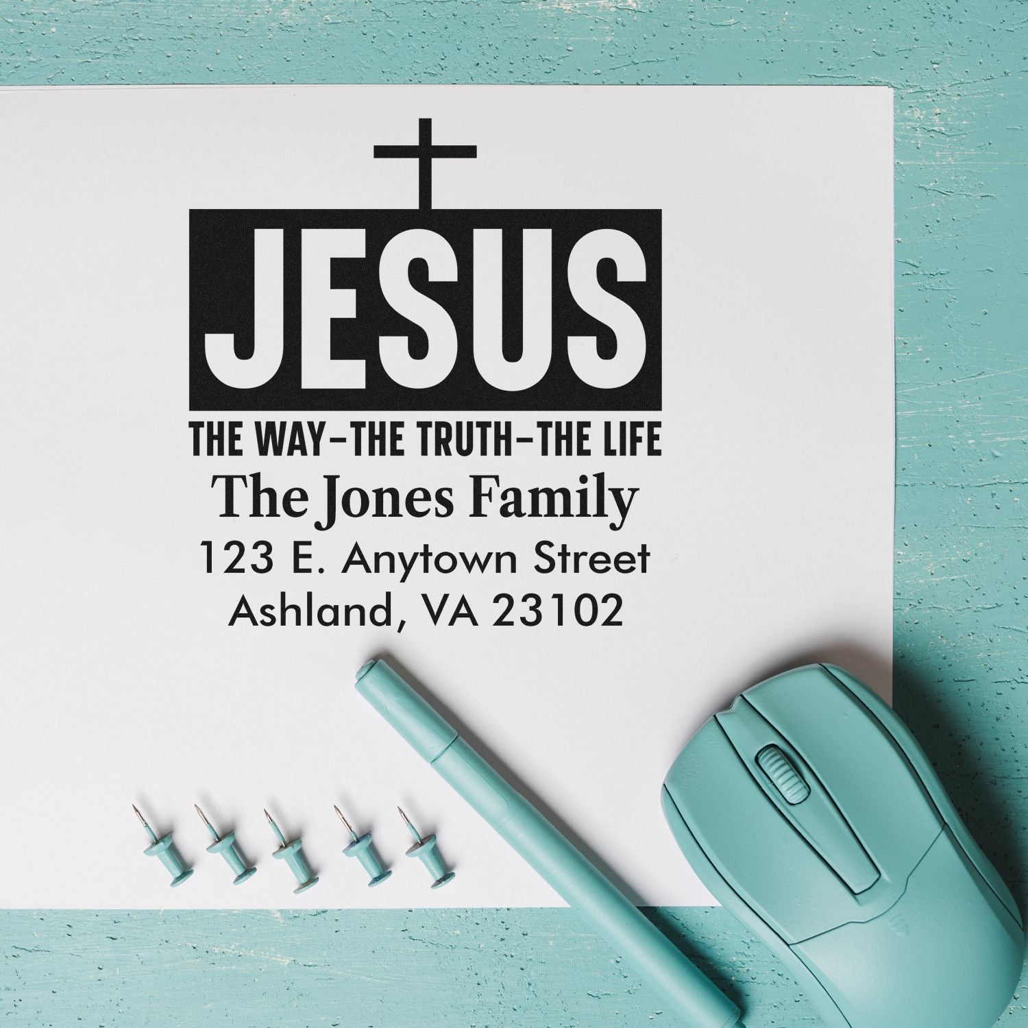 Custom Jesus Christian address stamp with family name and return address, featuring The Way, The Truth, The Life.