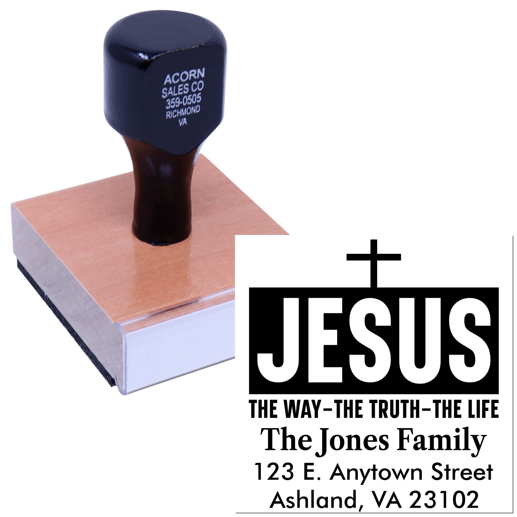 Custom Christian address rubber stamp with JESUS design, family name, and mailing address for church correspondence.