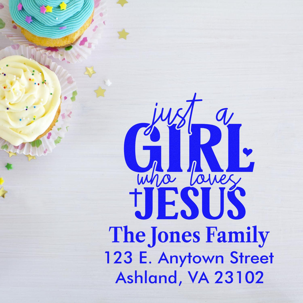 Custom Christian address rubber stamp design for a girl who loves Jesus, personalized with The Jones Family return address.