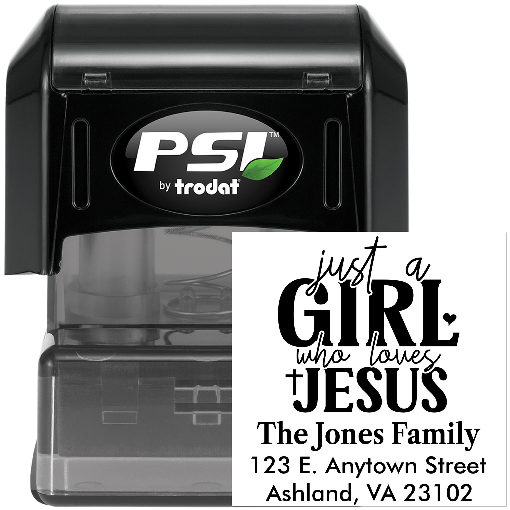 Custom self-inking rubber stamp with Christian family return address design: just a girl who loves Jesus.