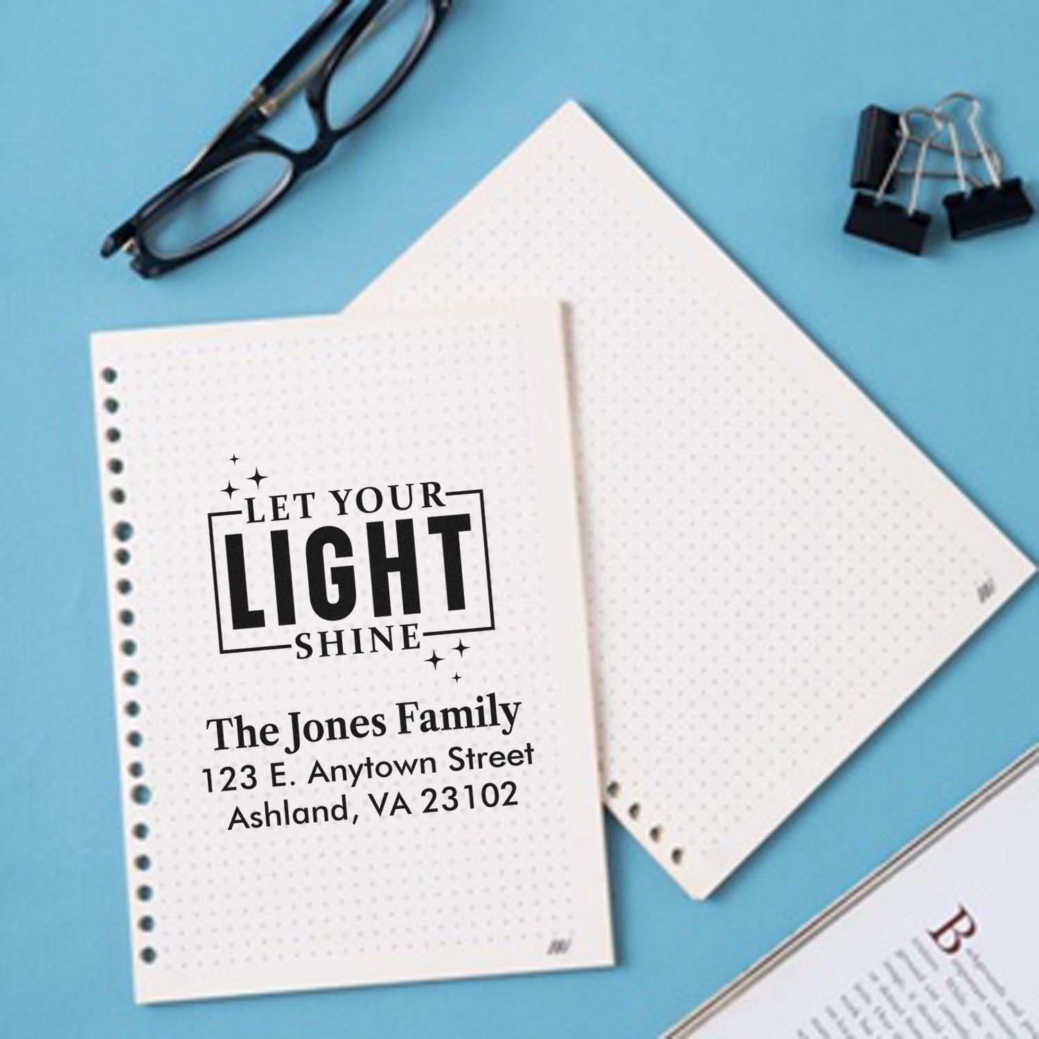Custom rubber return address stamp with inspirational Let Your Light Shine design for family mail and stationery.