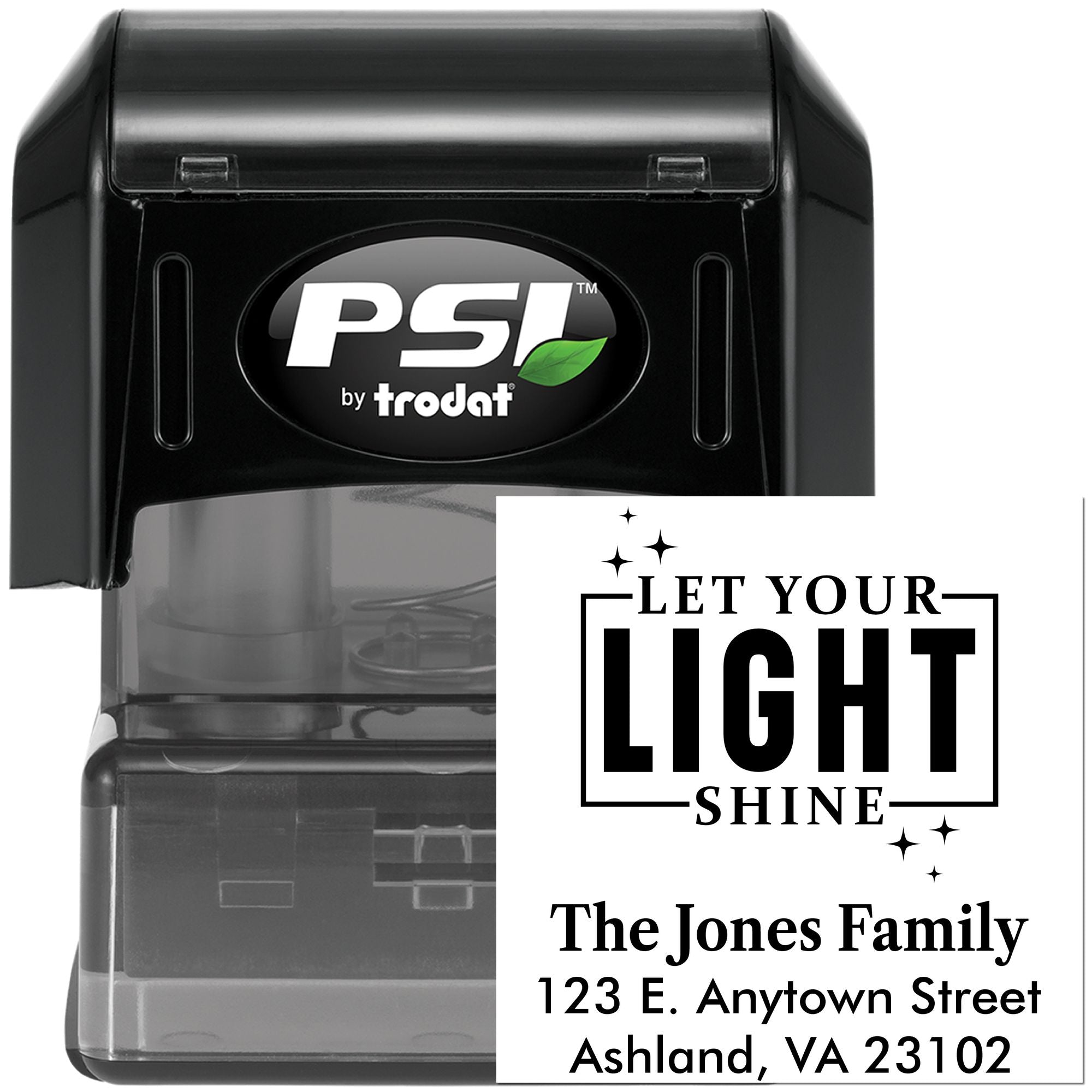 PSI by Trodat self-inking custom rubber stamp with personalized family address imprint and Let Your Light Shine design.