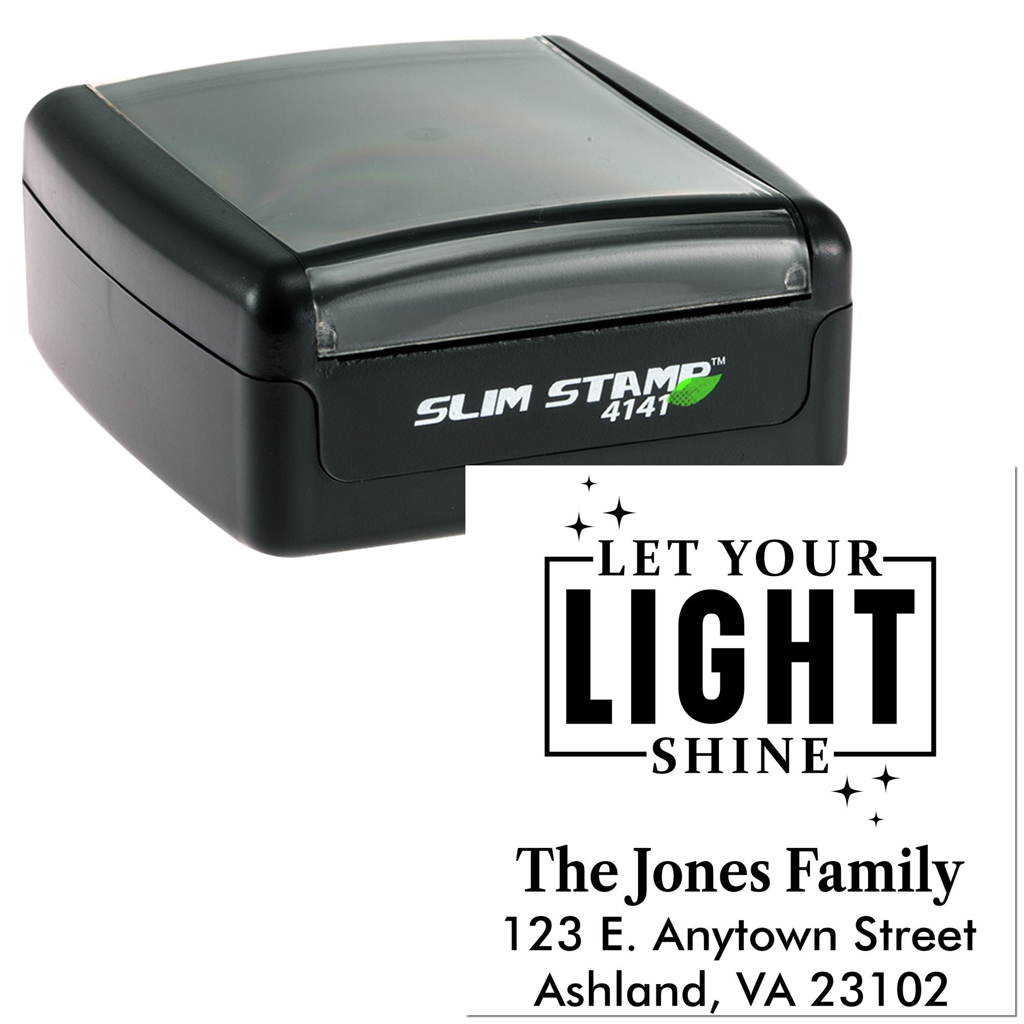 Custom self-inking rubber stamp with Let Your Light Shine and return address imprint for personalized envelopes.